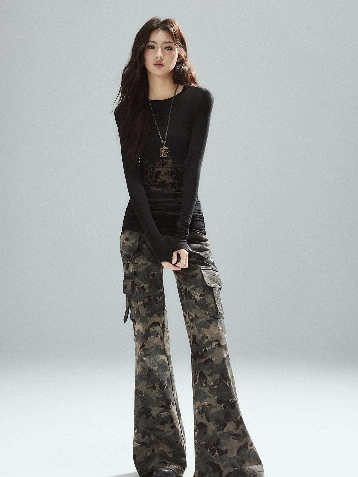 Low pixel Asymmetrical Patchwork Slim Streetwear Black Lyocell Long Sleeve T-Shirts