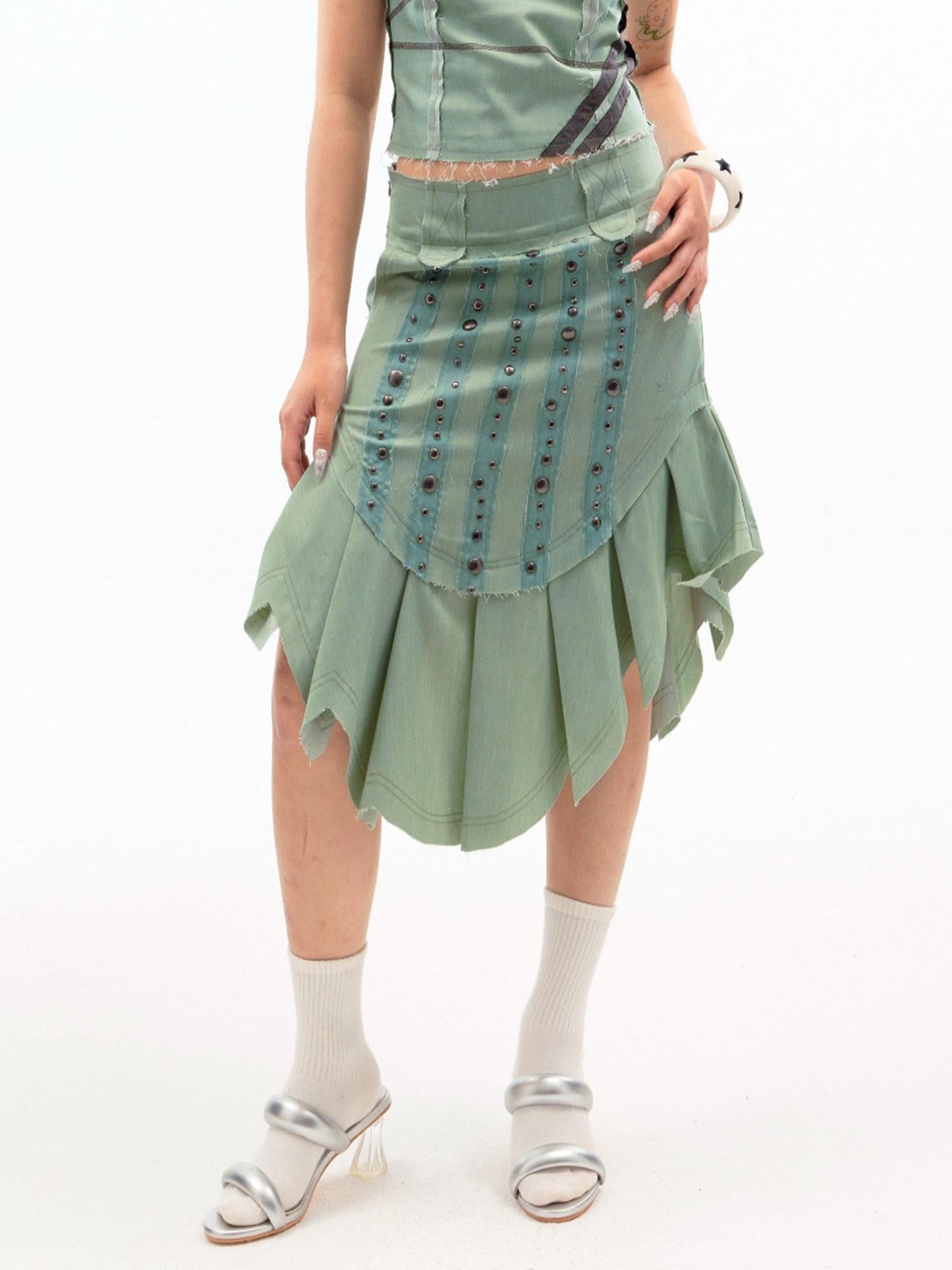 nit alcove Beaded Distressed Chinese Mid Waist Irregular Hem Dark Green Zipper Midi Skirts