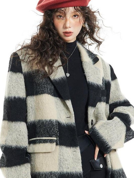 7Shiftin Padded Plaid Stand Collar Korean Commuter Straight Fit Short Coat
