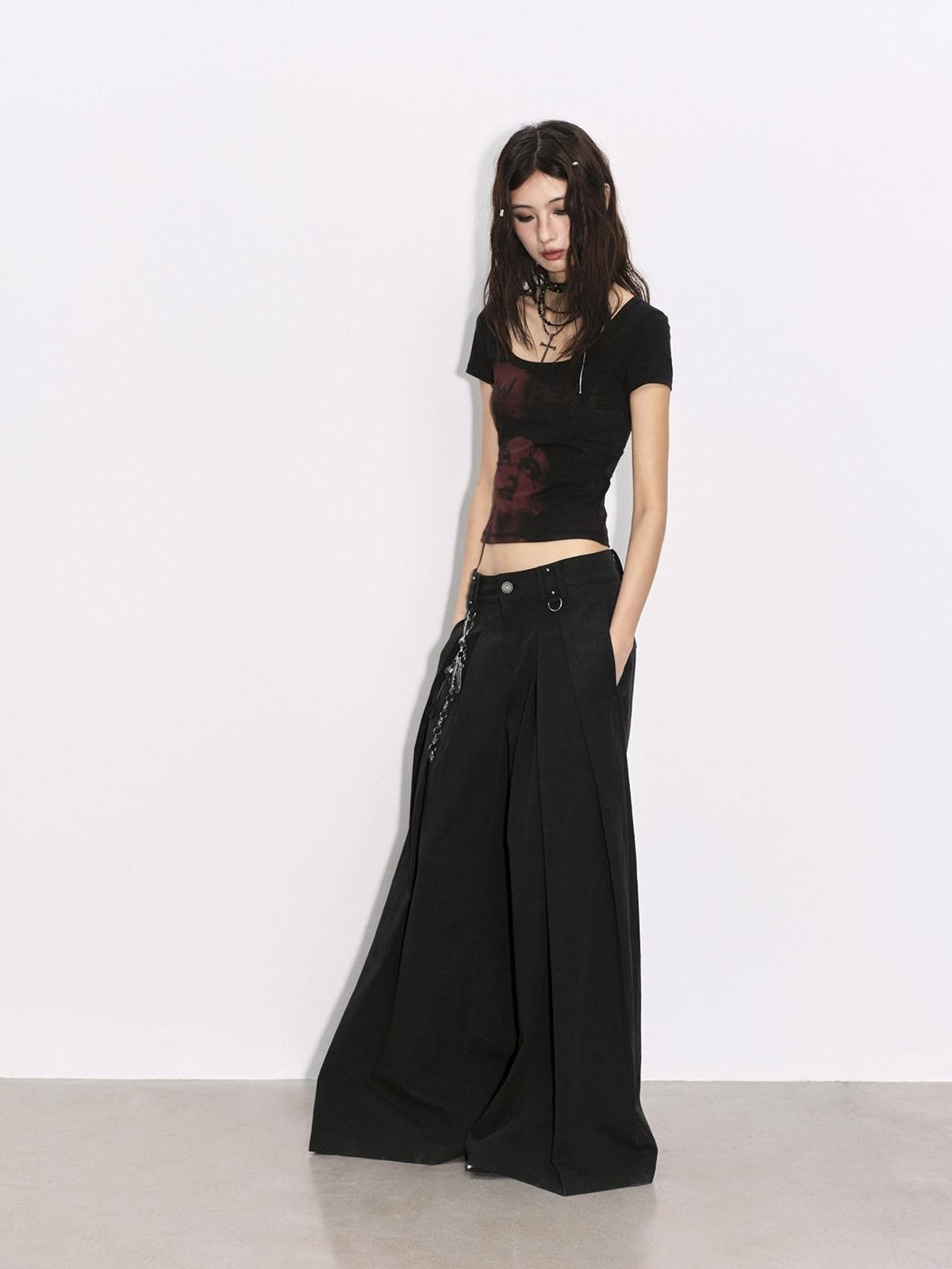 Low pixel Pleated Low Waist Relaxed Cotton Blend Black Women Wide Leg Pants