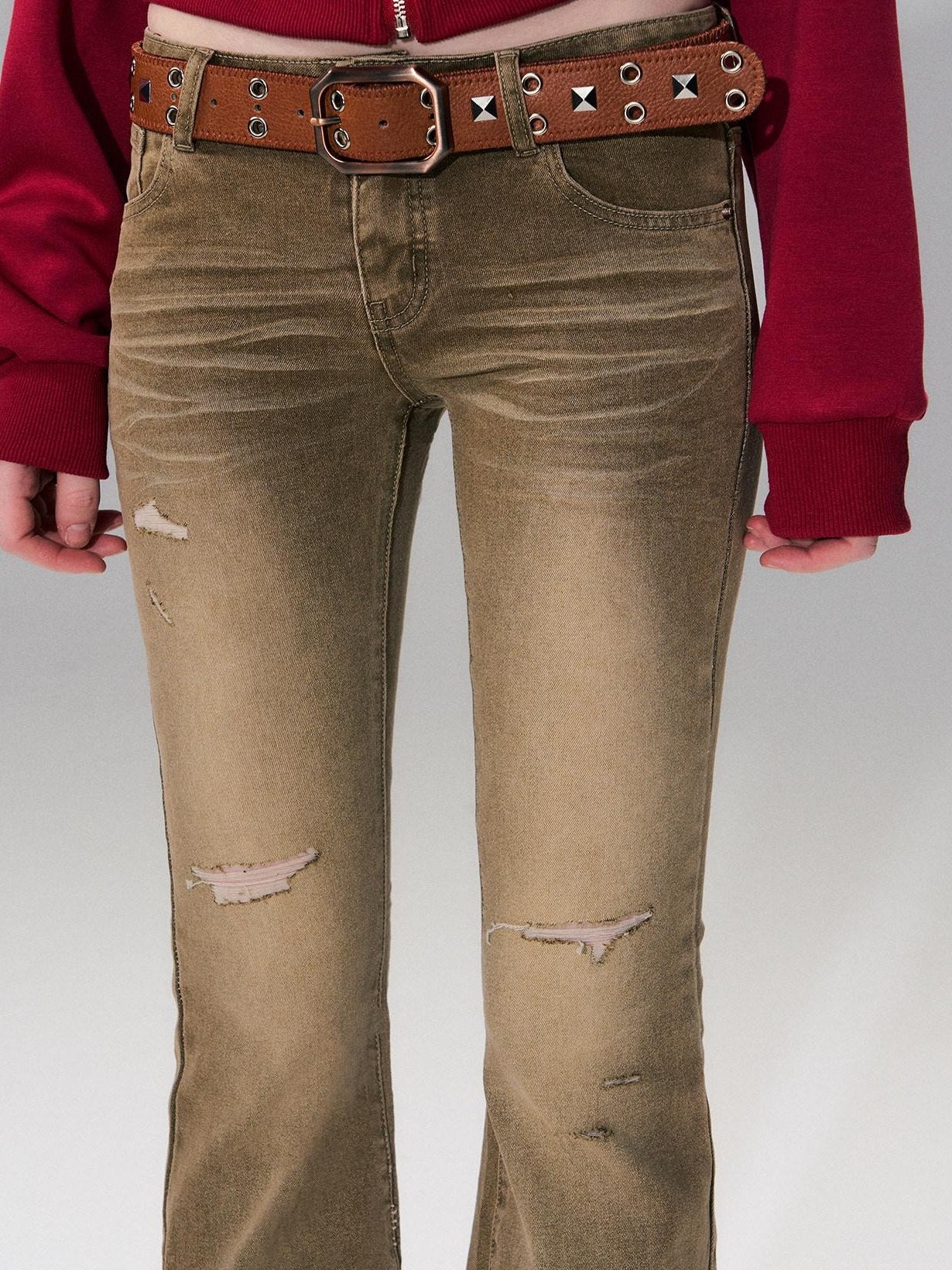 The NeverMore Brown Washed Low Rise Ripped Sexy Slim Fit Cotton Slight Stretch Womens Jeans