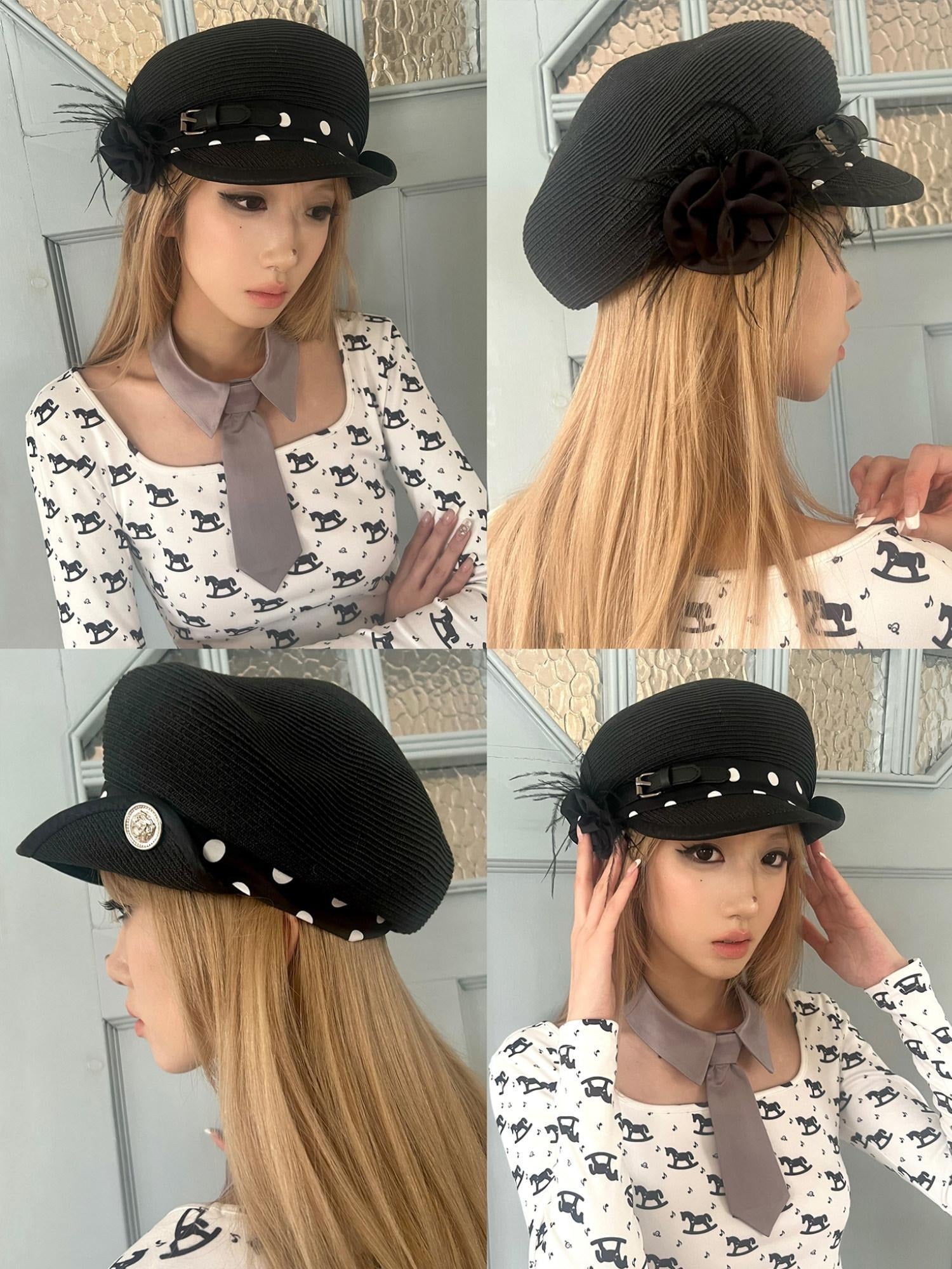 nit alcove Recycled Fiber Casual Straw Polka Dot Adjustable Unisex Black Hats