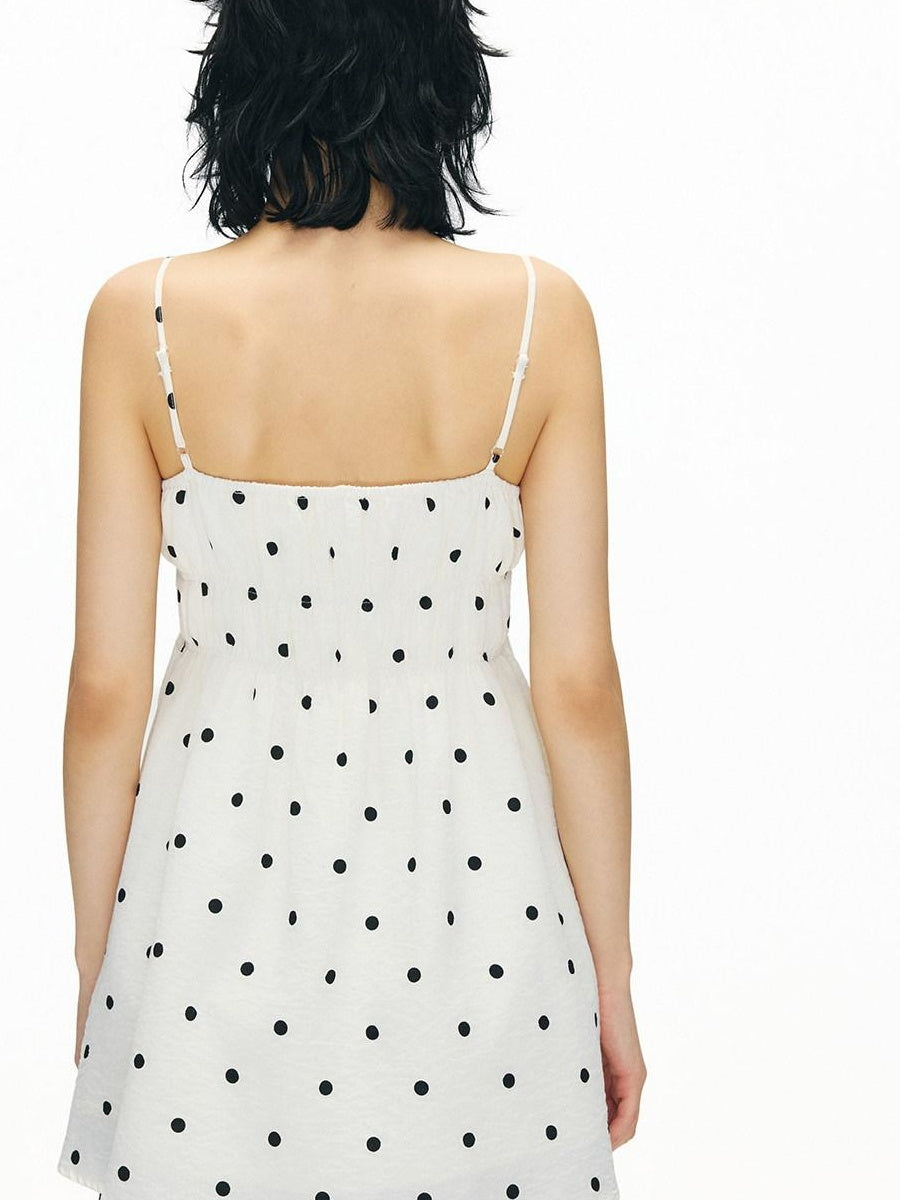 OuttheBlue Soft Cotton Loose Fit Polka Dot Spaghetti Strap Beige Slip Mini Dresses