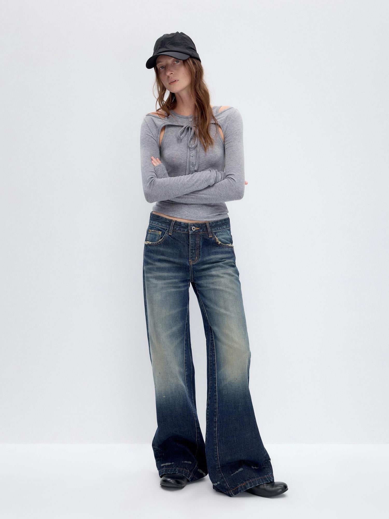 RUN TO THE FUTURE Washed Deep Navy Low Rise Loose Fit Casual Denim Wide Leg Straight Jeans