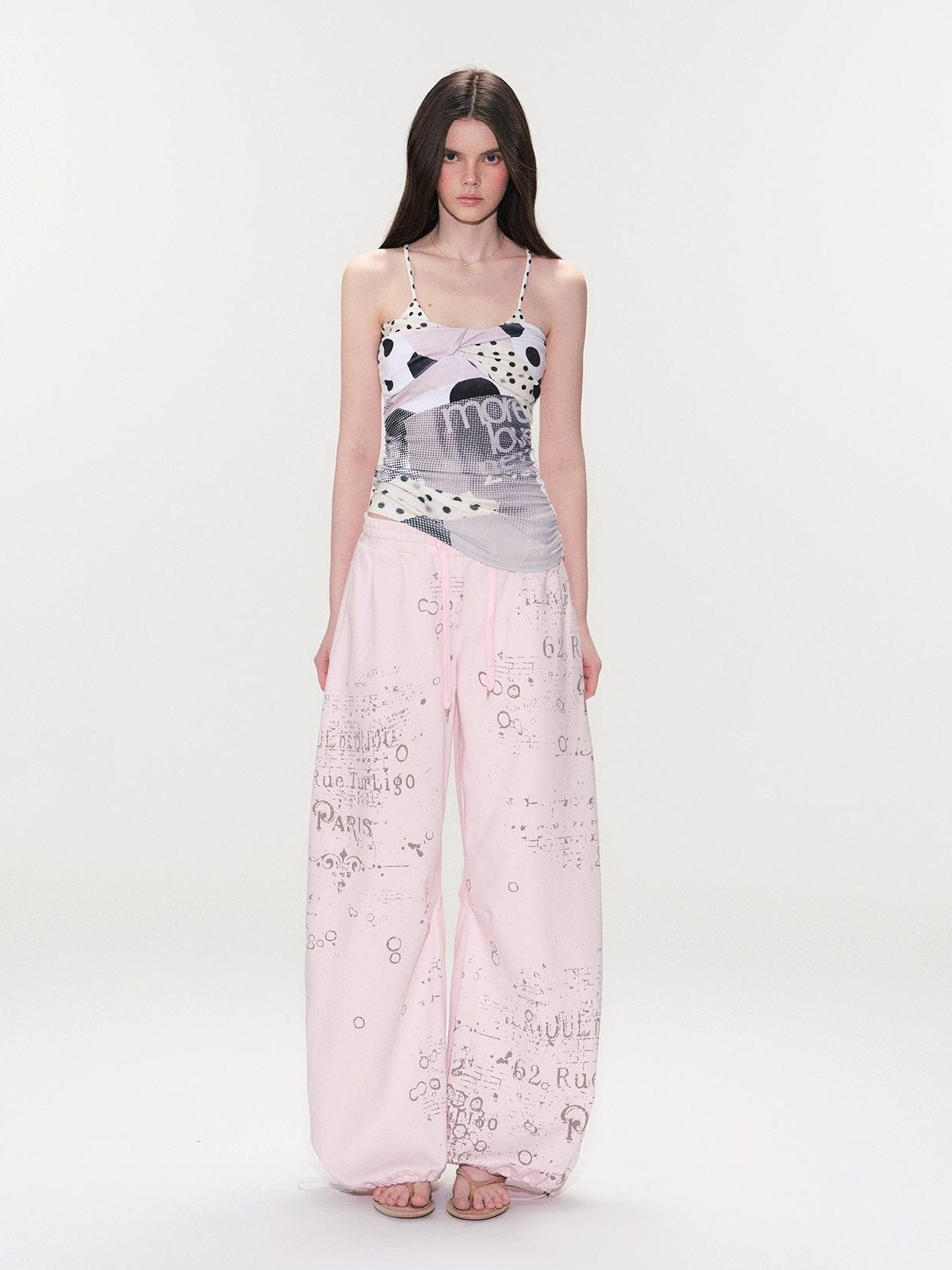 The NeverMore Soft Cotton Letter Print Natural Waist American Style Women Wide Leg Pants