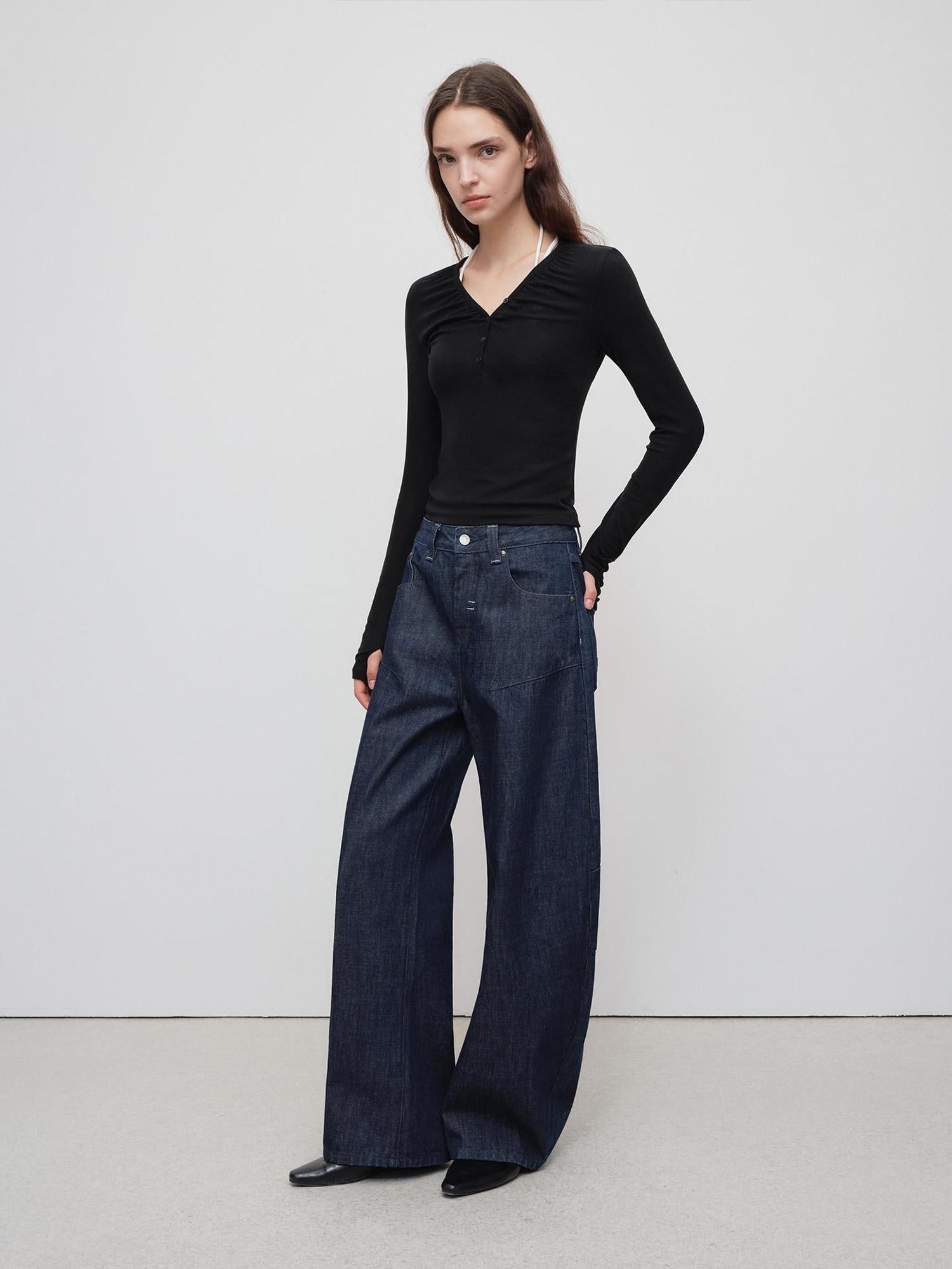 RUN TO THE FUTURE Breathable Cotton Pleated Loose Wide Leg Low Rise Women Raw Denim Straight Jeans