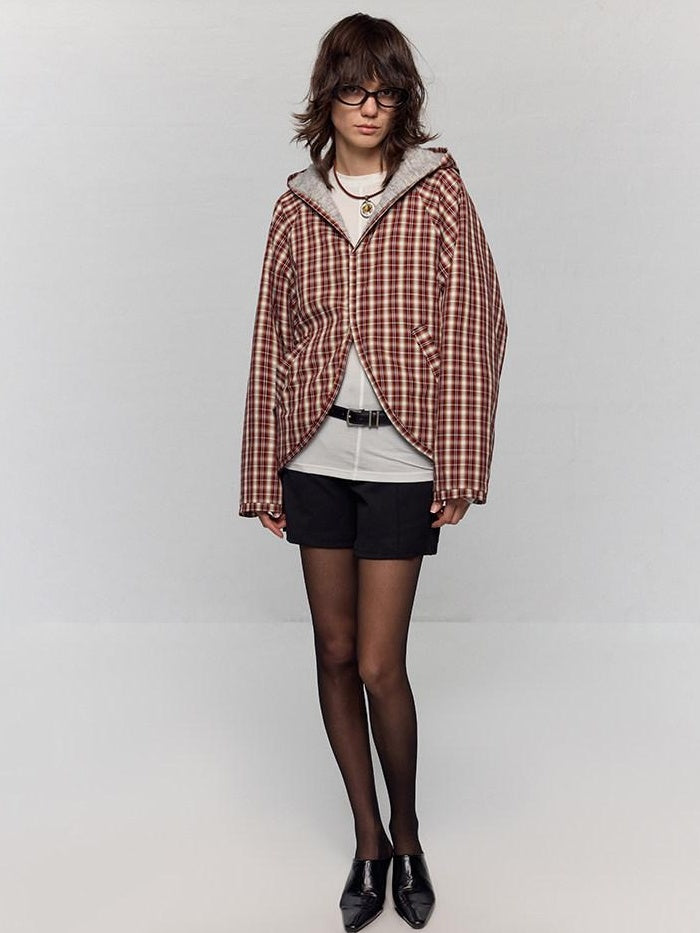 RUN TO THE FUTURE Original Design Loose Fit Contrast Plaid Pocket Zip Up Women Poly Wool Hoodies