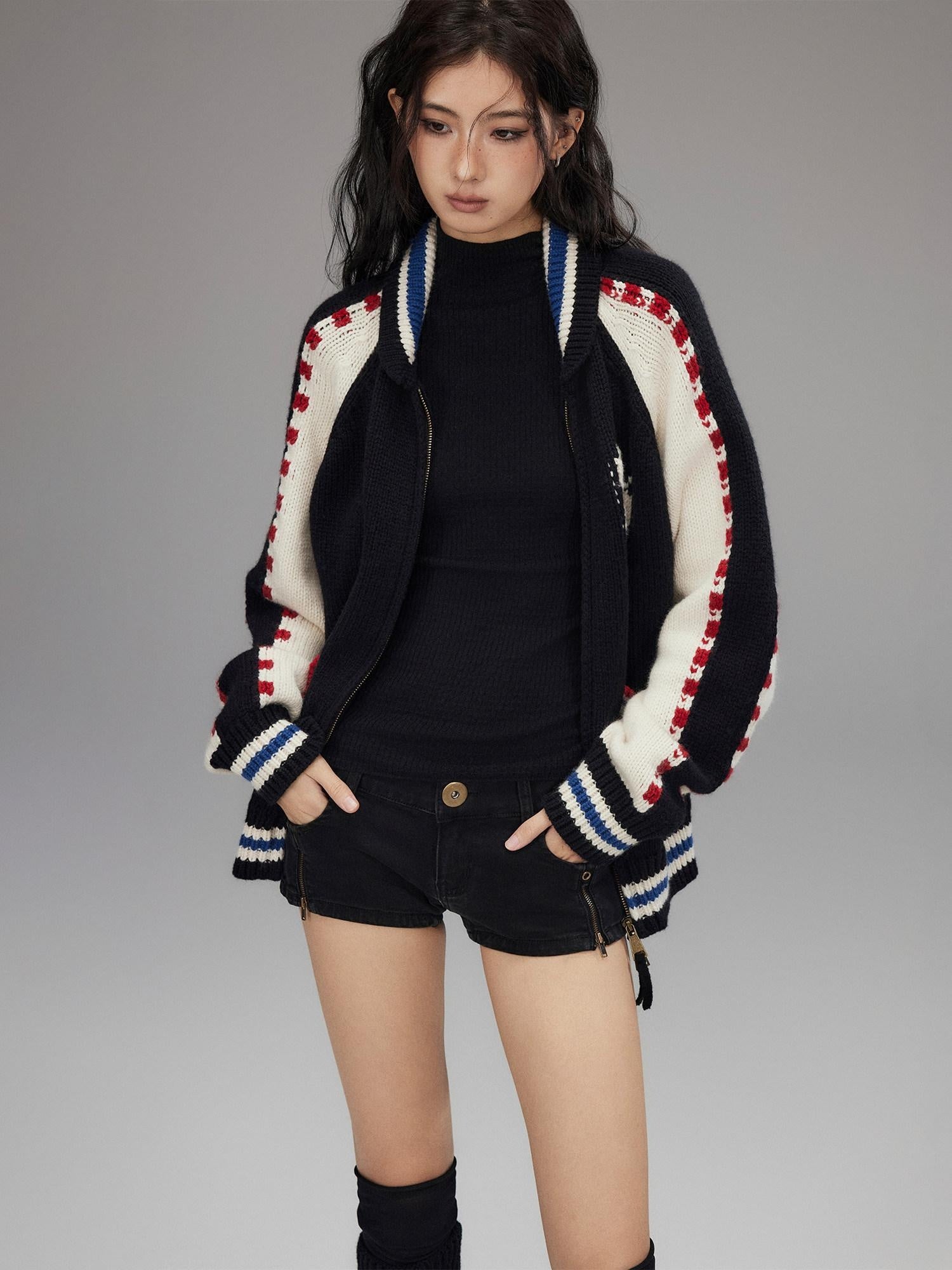 Low pixel Wool Blend Hooded Zip Colorblock Loose Casual Women Animal Print Cropped Jackets
