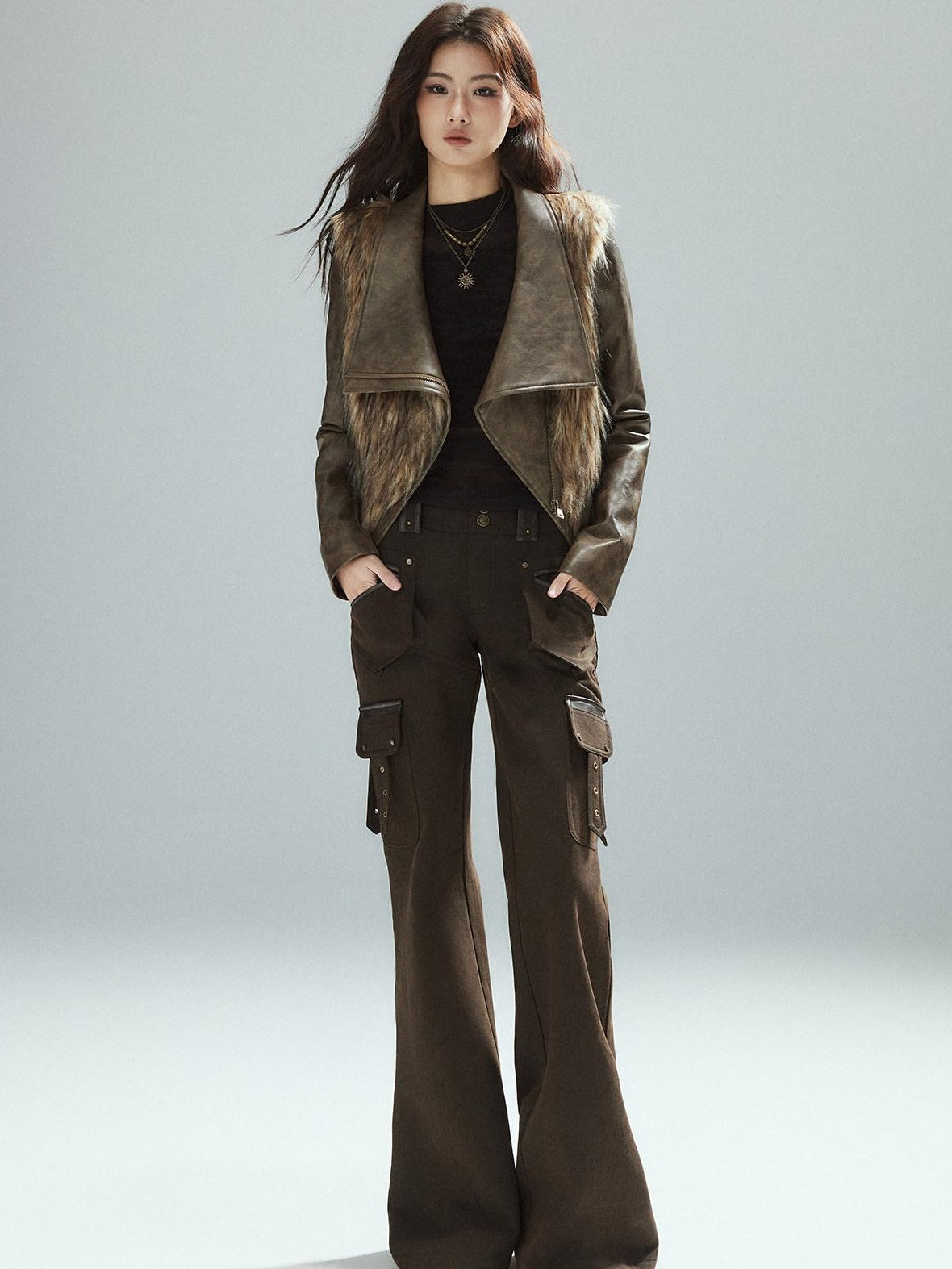 Low pixel Slim Low Rise Cotton Flare Street Style Zipper Brown Women Cargo Pants