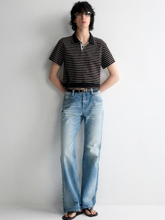 RUN TO THE FUTURE Ripped Low Rise Wide Leg Casual Loose Fit Vintage Ice Blue Denim Straight Jeans