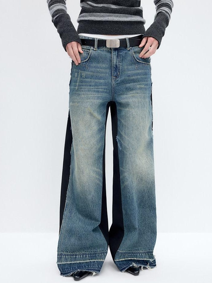 RUN TO THE FUTURE Washed Low Rise Wide Leg Loose Blue Black Denim Zipper Fly Straight Jeans