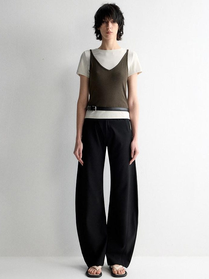 RUN TO THE FUTURE Soft Stretch Low Rise Minimal Loose Curved Tapered Women Classic Black Chinos