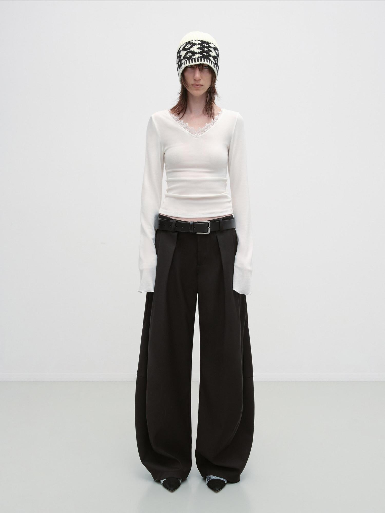 RUN TO THE FUTURE Pleated Minimalist Mid Rise Micro Stretch Casual Loose Fit Black Wide-Leg Pants