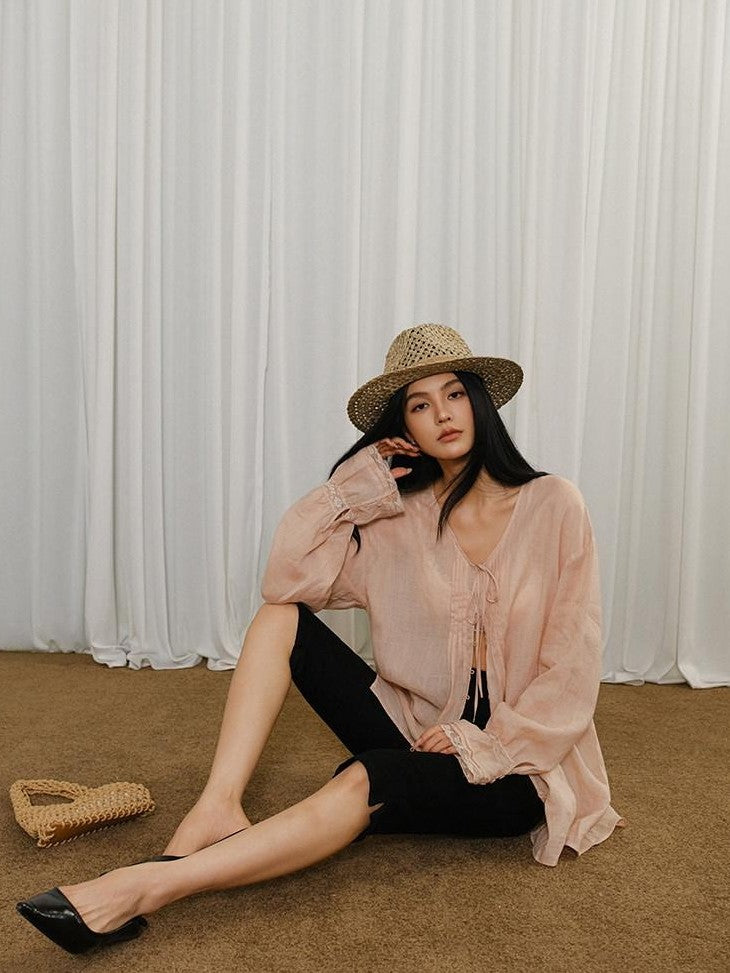 FU FRESH UP French Lace Tie Woven Long Sleeve Loose Mid Length Women&