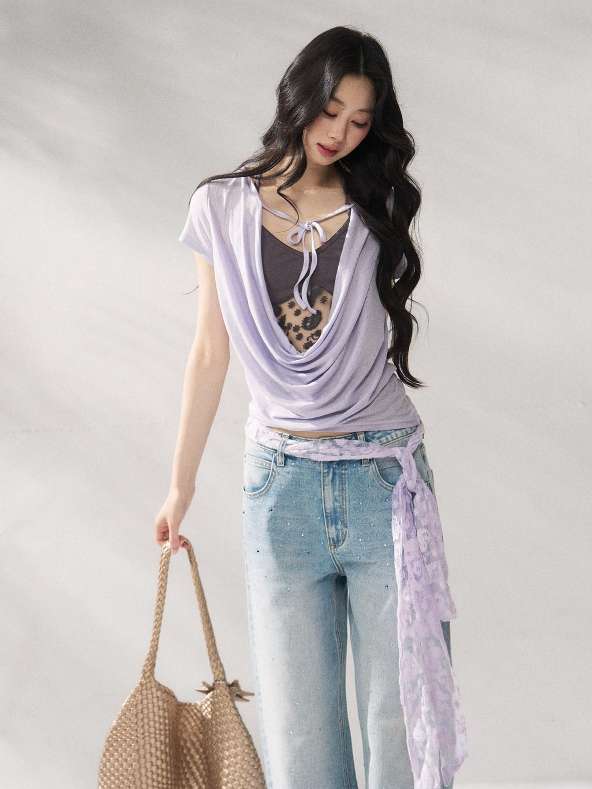 7Shiftin Purple Tie Front Relaxed Crew Neck Short Sleeve Casual Women Basic Crop Tops