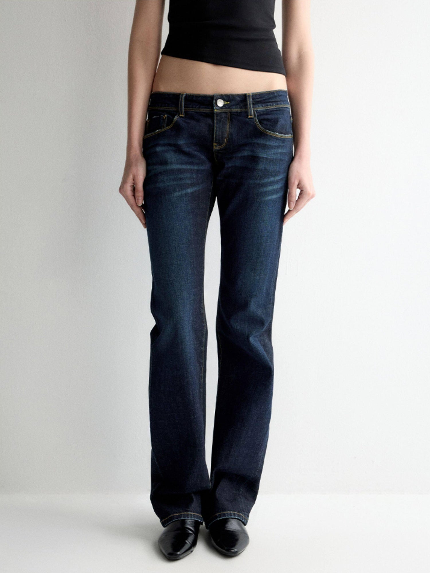 RUN TO THE FUTURE Durable Low Rise Slim Fit Casual Dark Denim Zipper Fly No Stretch Straight Jeans