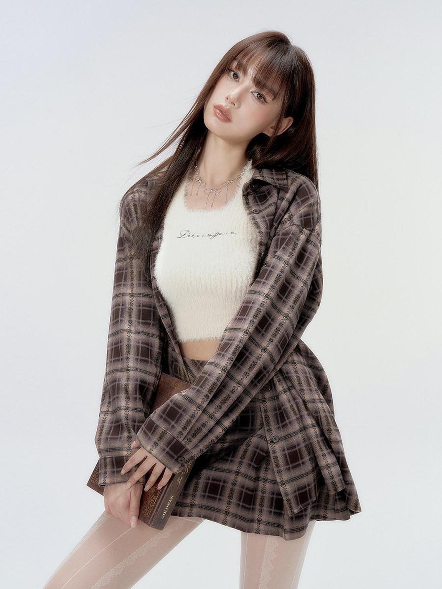 DKZ OFFICIAL Plaid Shirred Drop Shoulder Women&