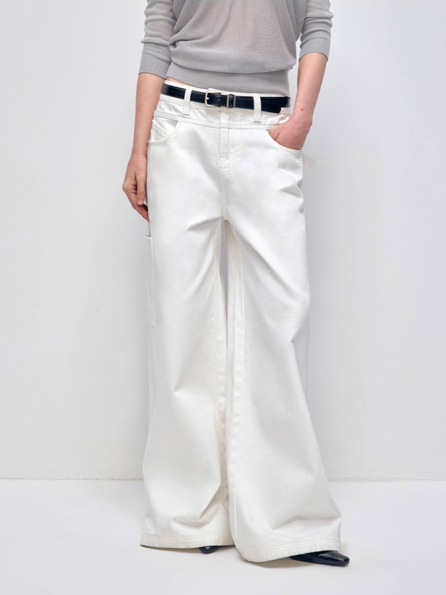 RUN TO THE FUTURE Low Rise 96 Percent Cotton Casual Loose Fit White Denim Wide-Leg Jeans