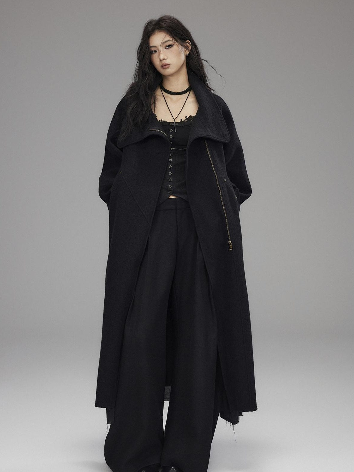 Low pixel Thick Wool Blend Oversized Streetwear European Long Zip Lapel Black Wool Coats