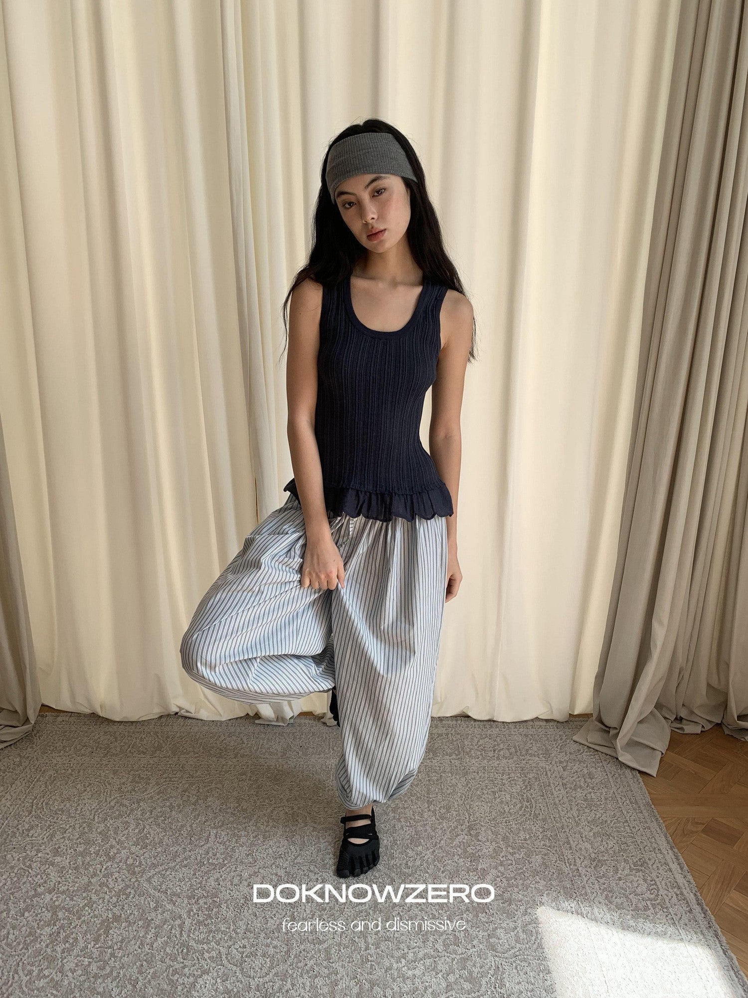 DKZ OFFICIAL Blue White Striped Relaxed Tapered Women&