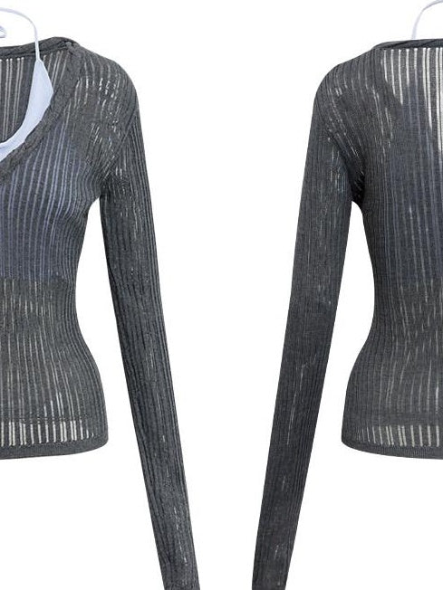 RUN TO THE FUTURE Antibacterial V-neck Slim Layered Knit Women Outdoor Gray Long Sleeve T-Shirts