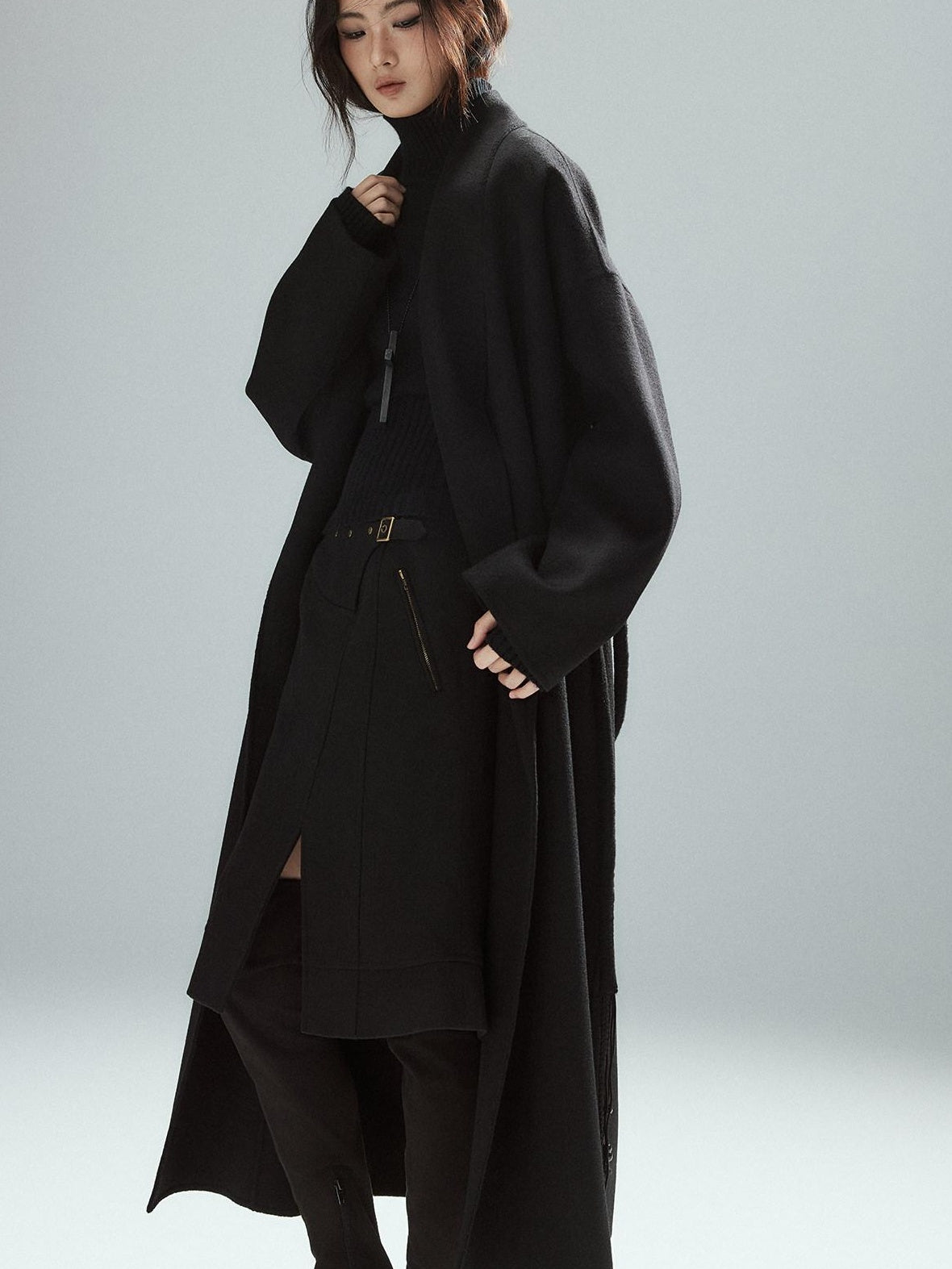 Low pixel Wool Blend Lined Patchwork Hline Slim Low Waist Black Side Zip Midi Skirts