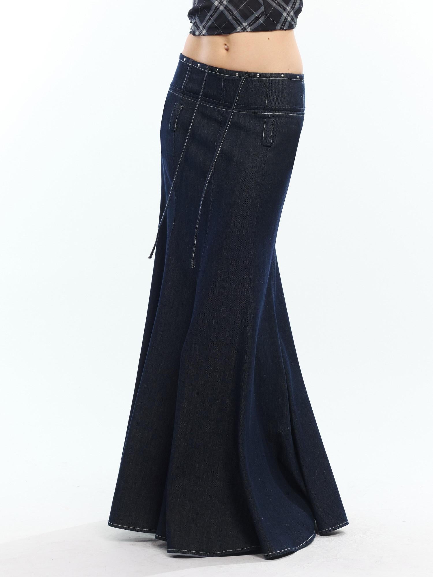 2th Desire High Waist Lyocell Cotton Patchwork Fishtail Tie Waist Women Maxi Skirts