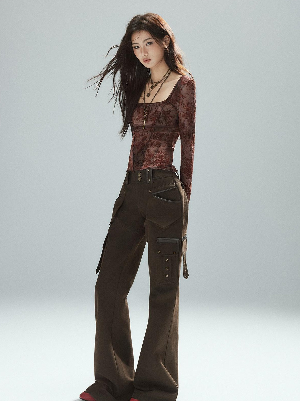 Low pixel Slim Low Rise Cotton Flare Street Style Zipper Brown Women Cargo Pants