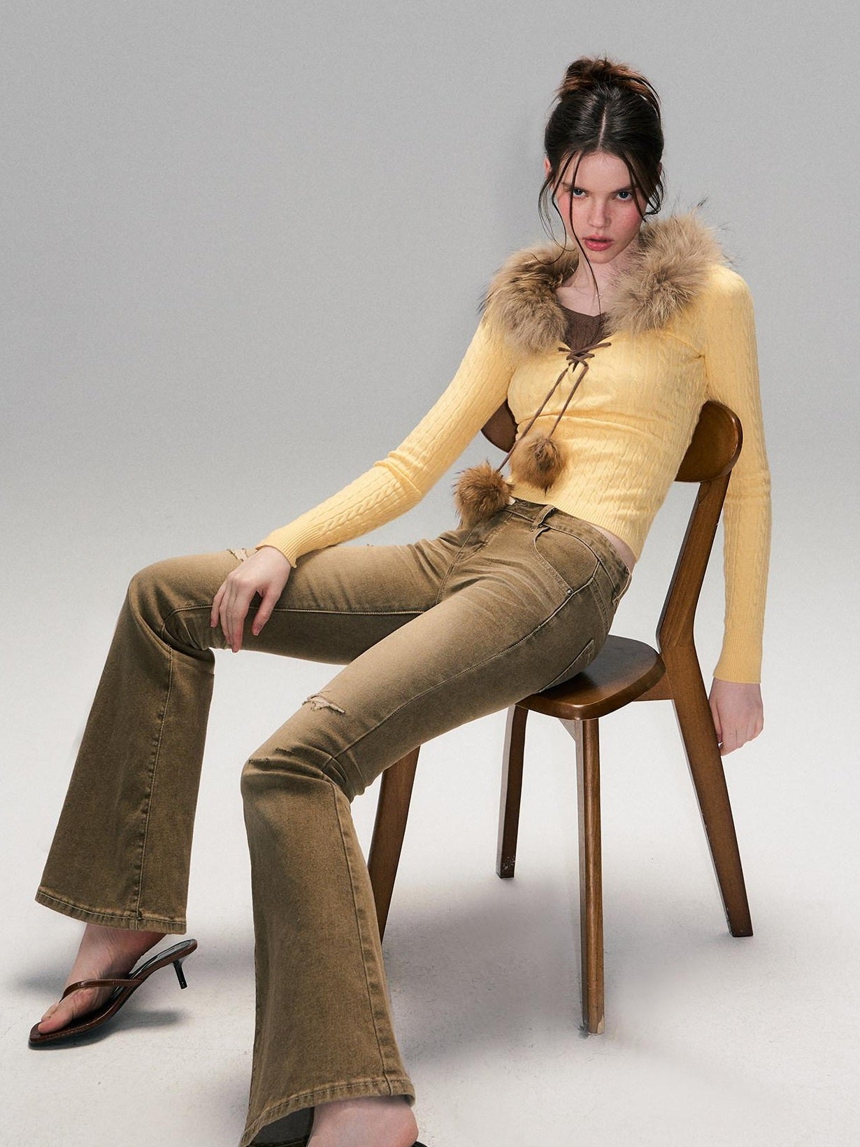 The NeverMore Viscose Blend Slim Fit Faux Layered Cropped Knit Pullover Girls Yellow Sweaters