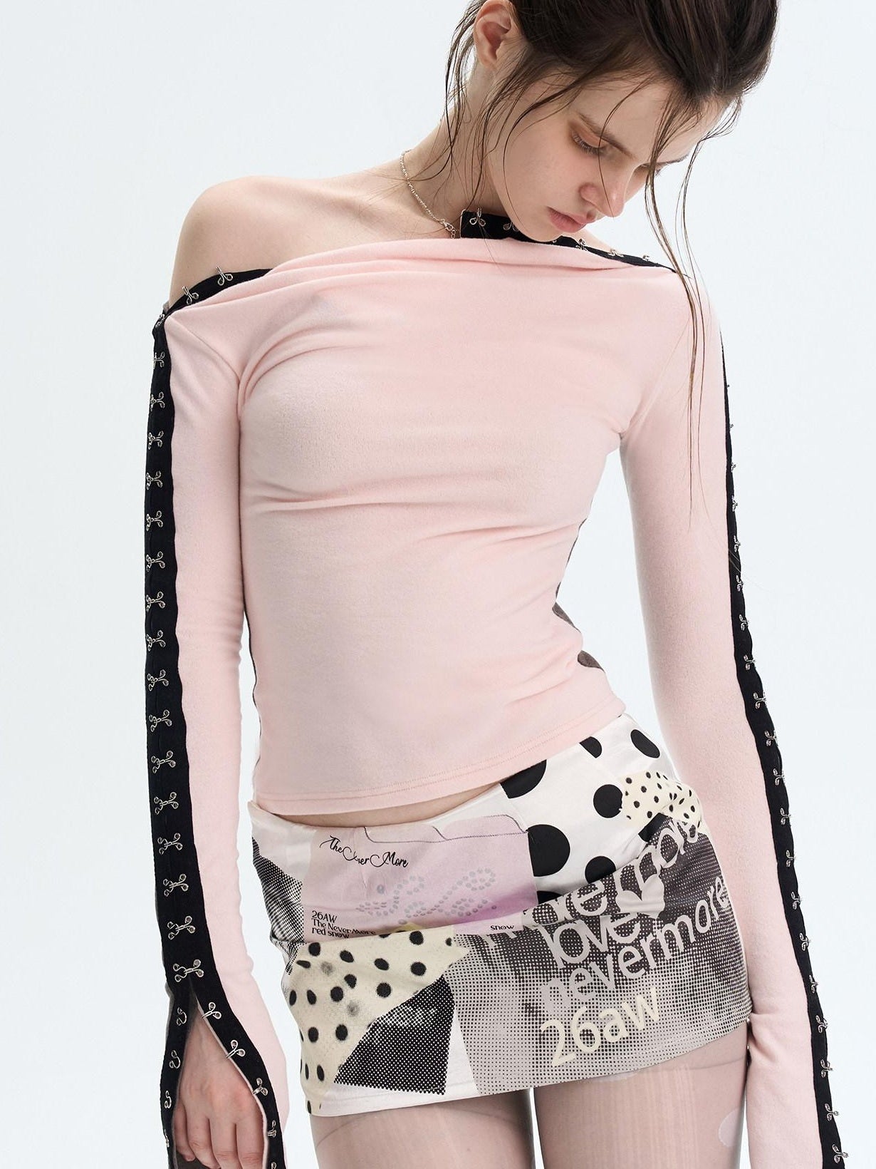 The NeverMore Brushed Viscose Spandex Sexy Slim Half Open Collar Long Sleeve Crop Tops