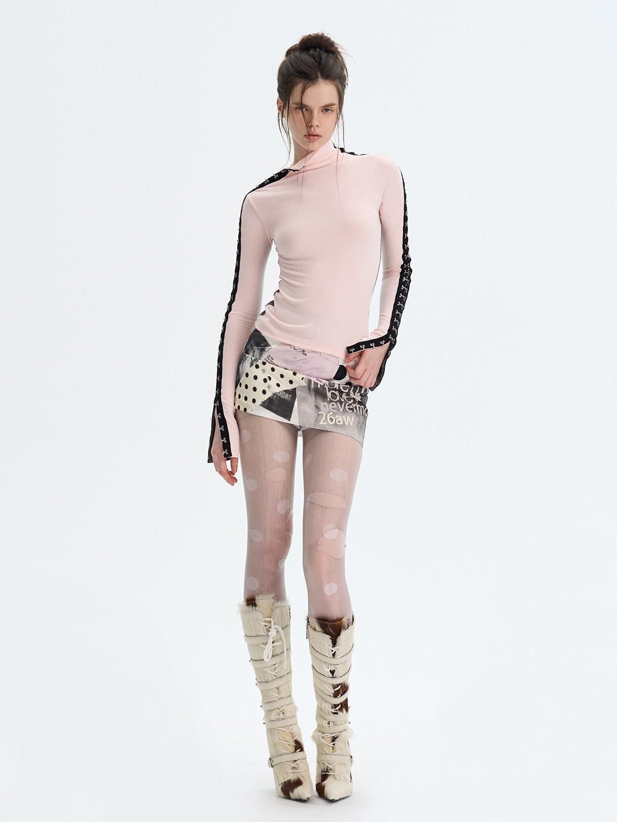 The NeverMore Brushed Viscose Spandex Sexy Slim Half Open Collar Long Sleeve Crop Tops