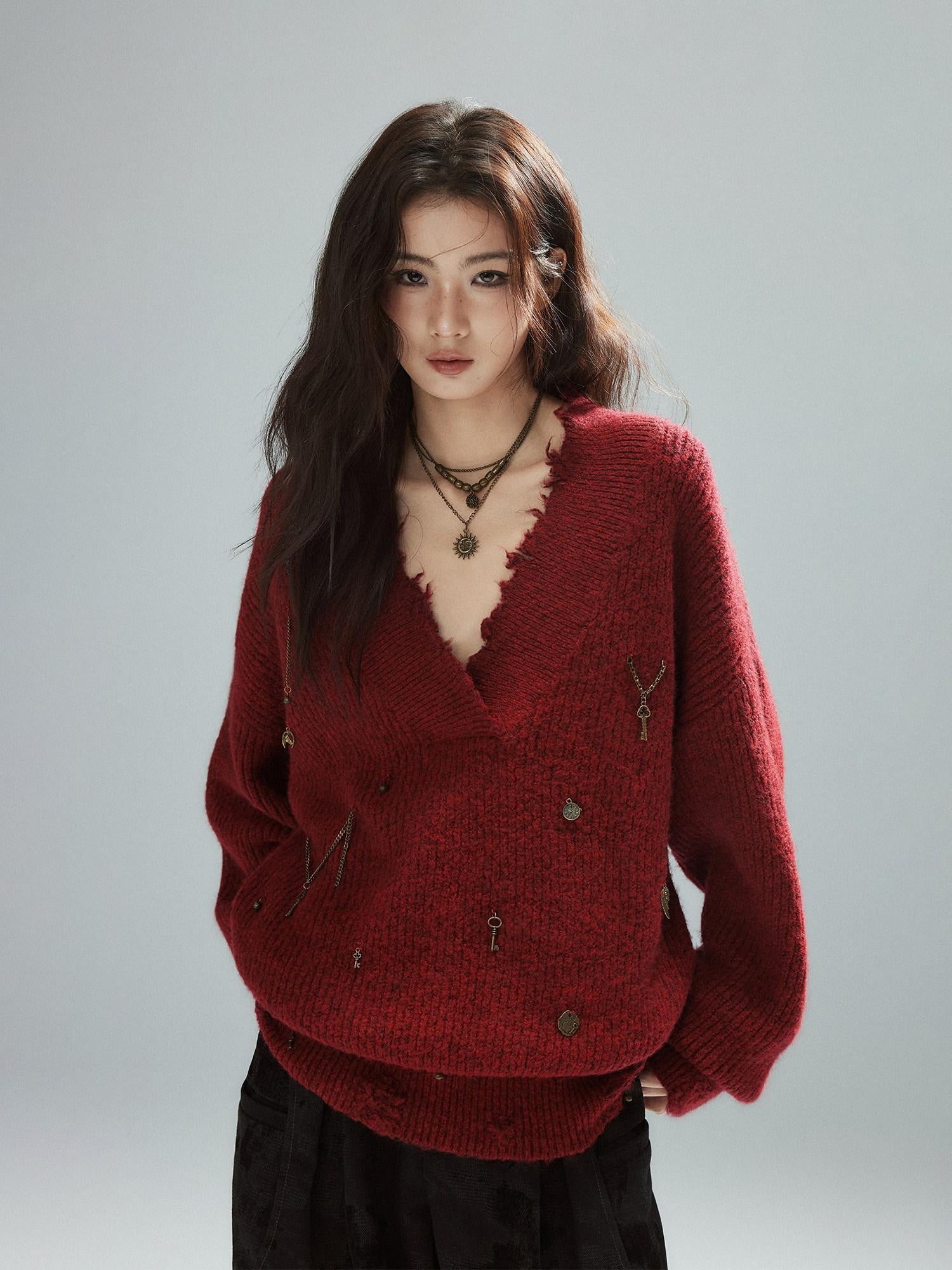 Low pixel Warm Oversized Street Raw Hem Women V-neck Red Pullover Sweaters
