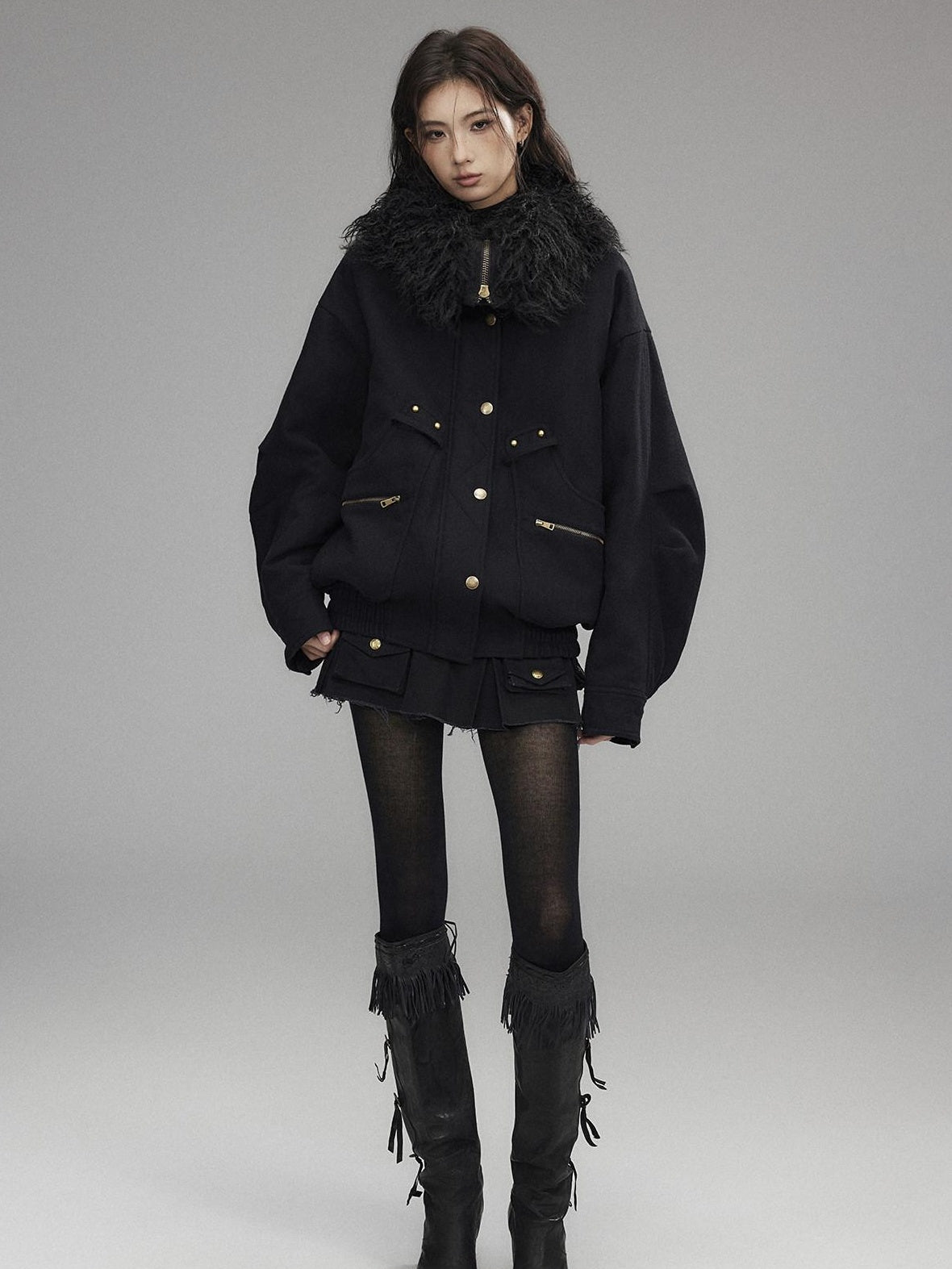 Low pixel Thick Wool Blend Multi Pocket Loose Fit Sexy Girl Black Zipper Cropped Jackets