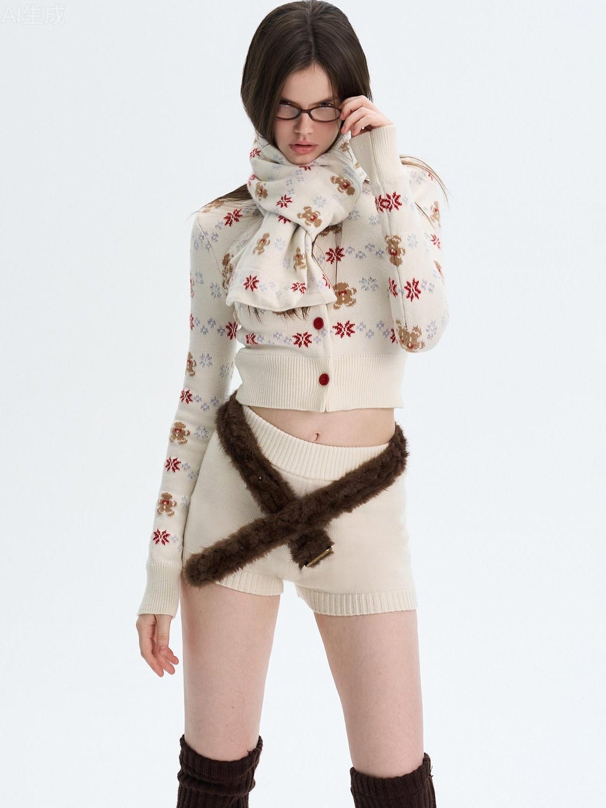 The NeverMore Cashmere Blend Bear Jacquard Cute Slim Cropped Crewneck Knitwear Cardigans