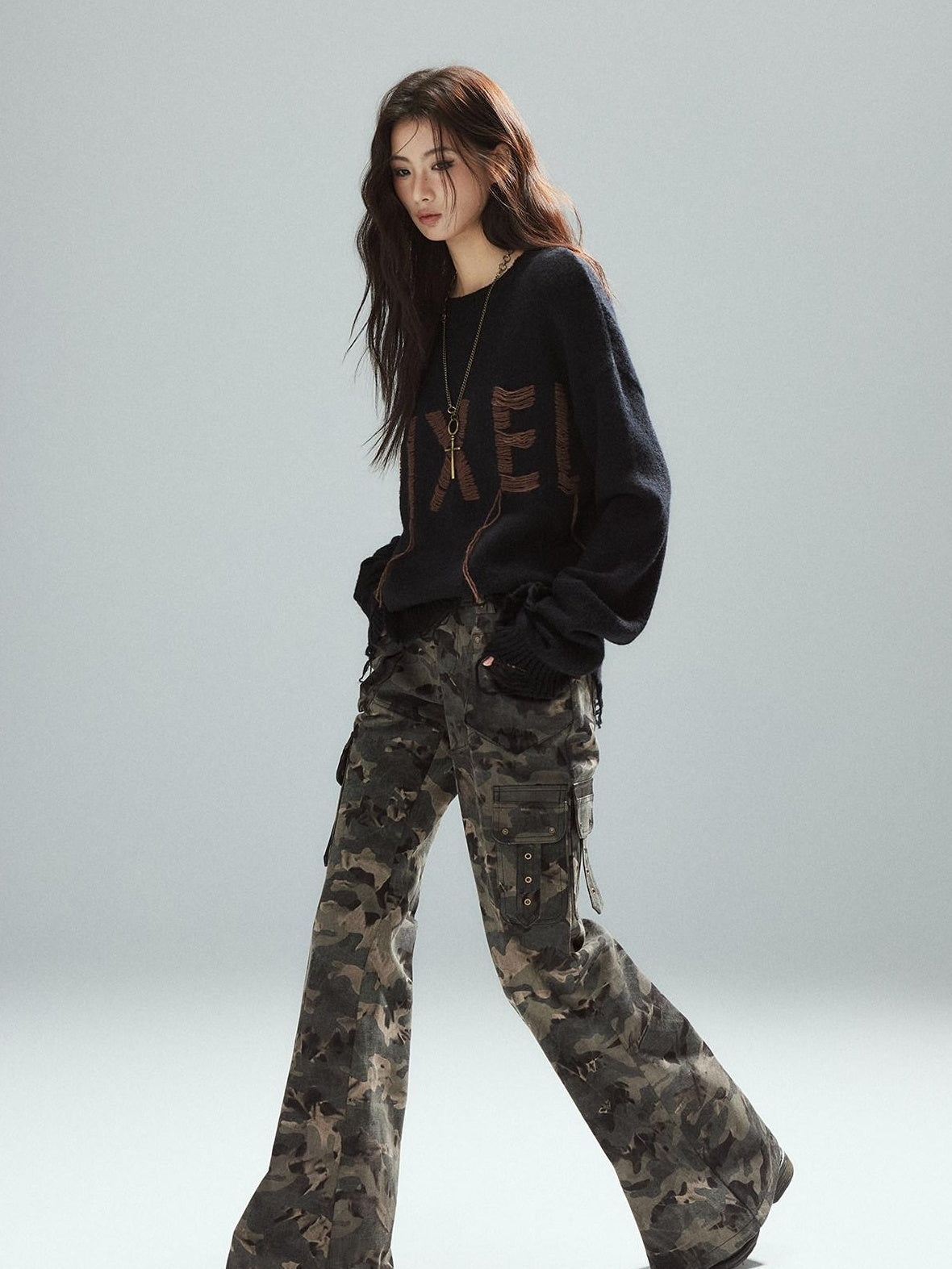 Low pixel Warm Oversized Street Style Distressed Hem Women Black Knit Pullover Sweaters