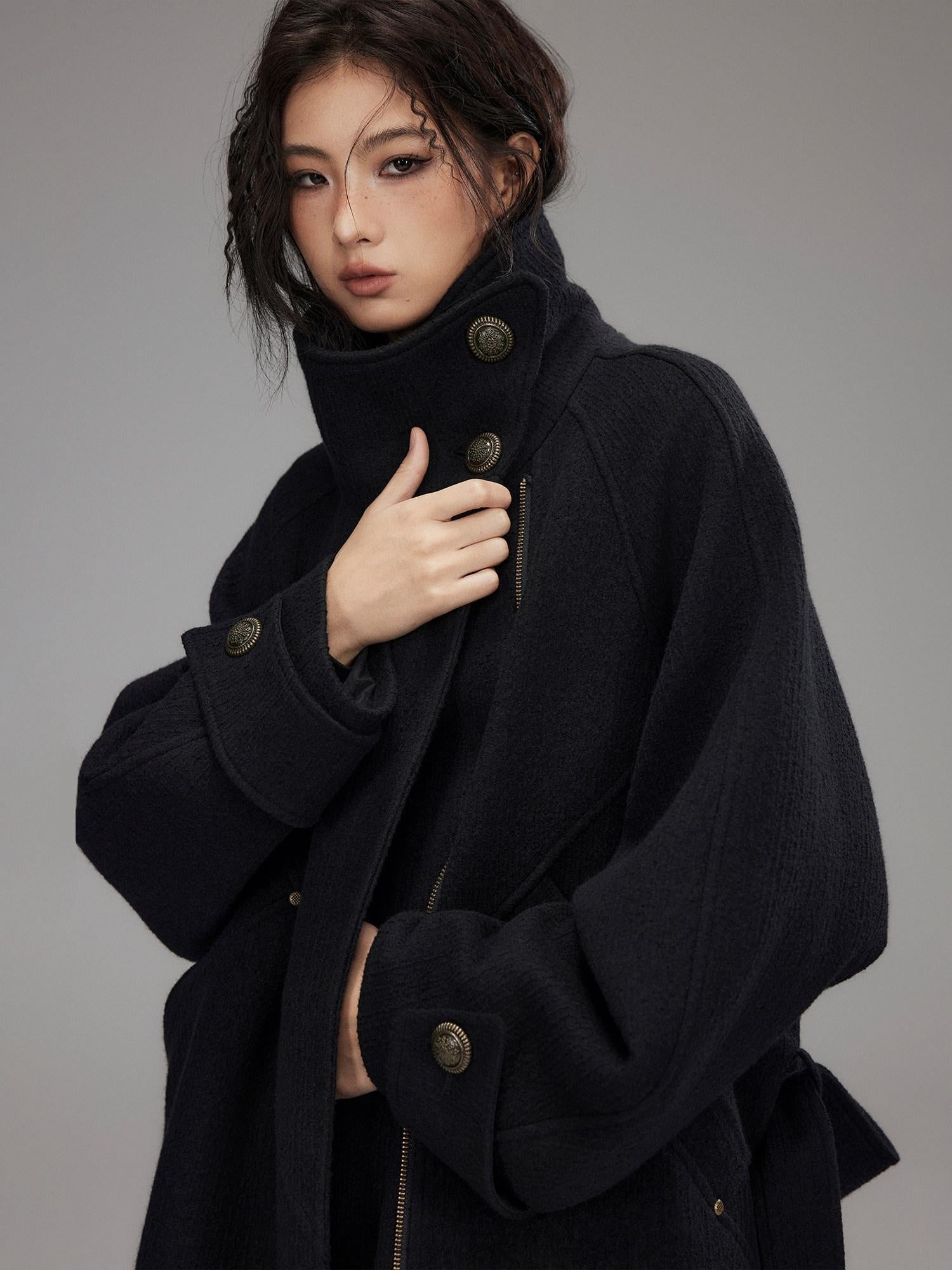 Low pixel Thick Wool Blend Oversized Streetwear European Long Zip Lapel Black Wool Coats