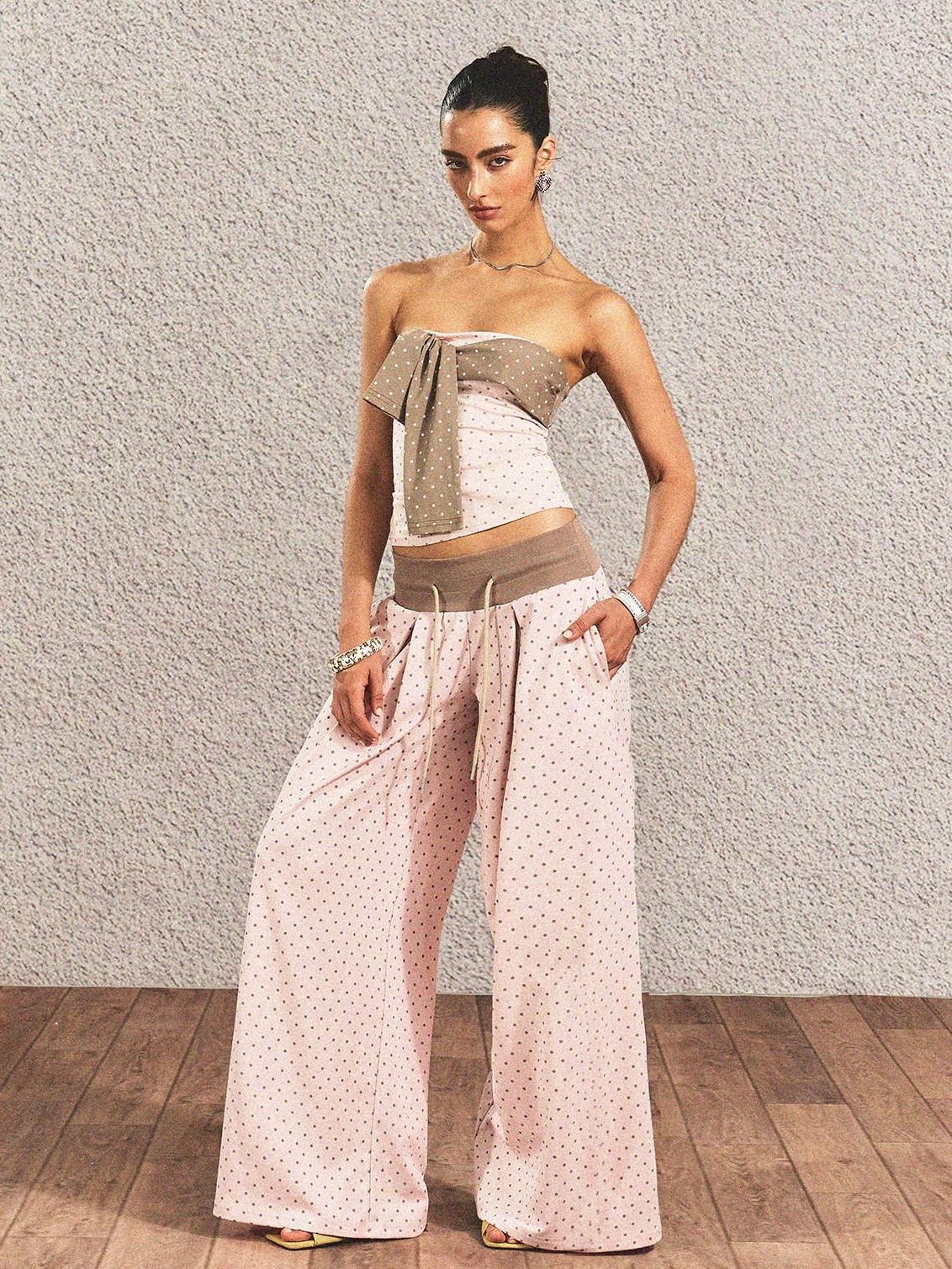 The NeverMore Polka Dot Cotton Two Piece Colorblock Sexy High Waist Pants Tube Tops