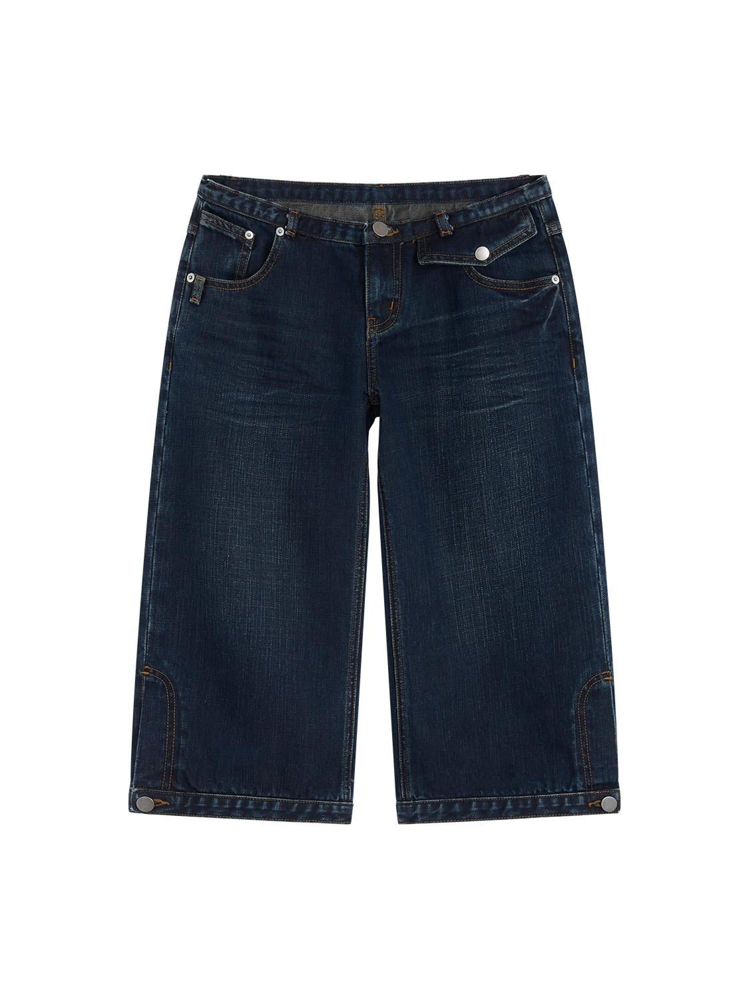 RUN TO THE FUTURE Durable Vintage Deep Blue Casual Low Rise Straight Fit Zipper Denim Shorts