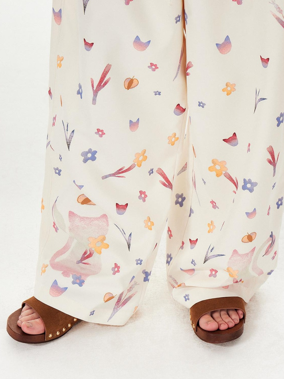 OuttheBlue Cute Cat Floral Print Sweet Natural Waist Long Polyester Women Straight Pants
