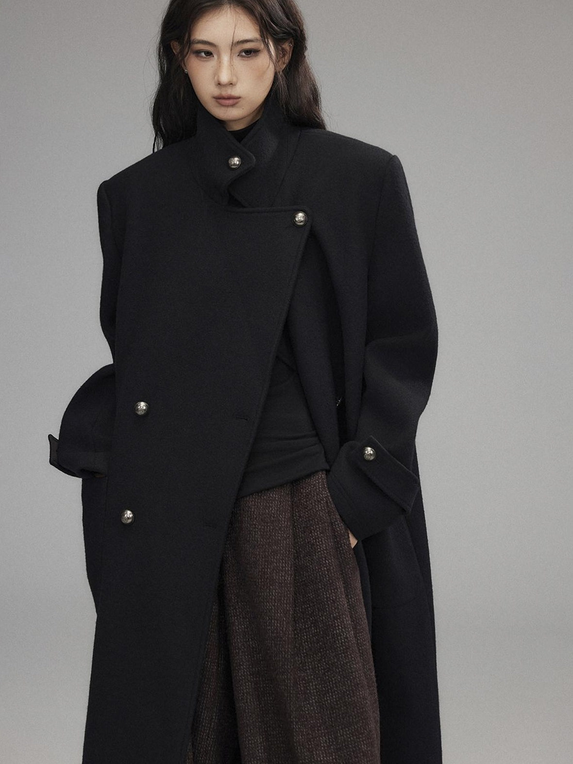 Low pixel Warm Wool Blend Street Oversized Double Breasted Notch Collar Black Wool Coats