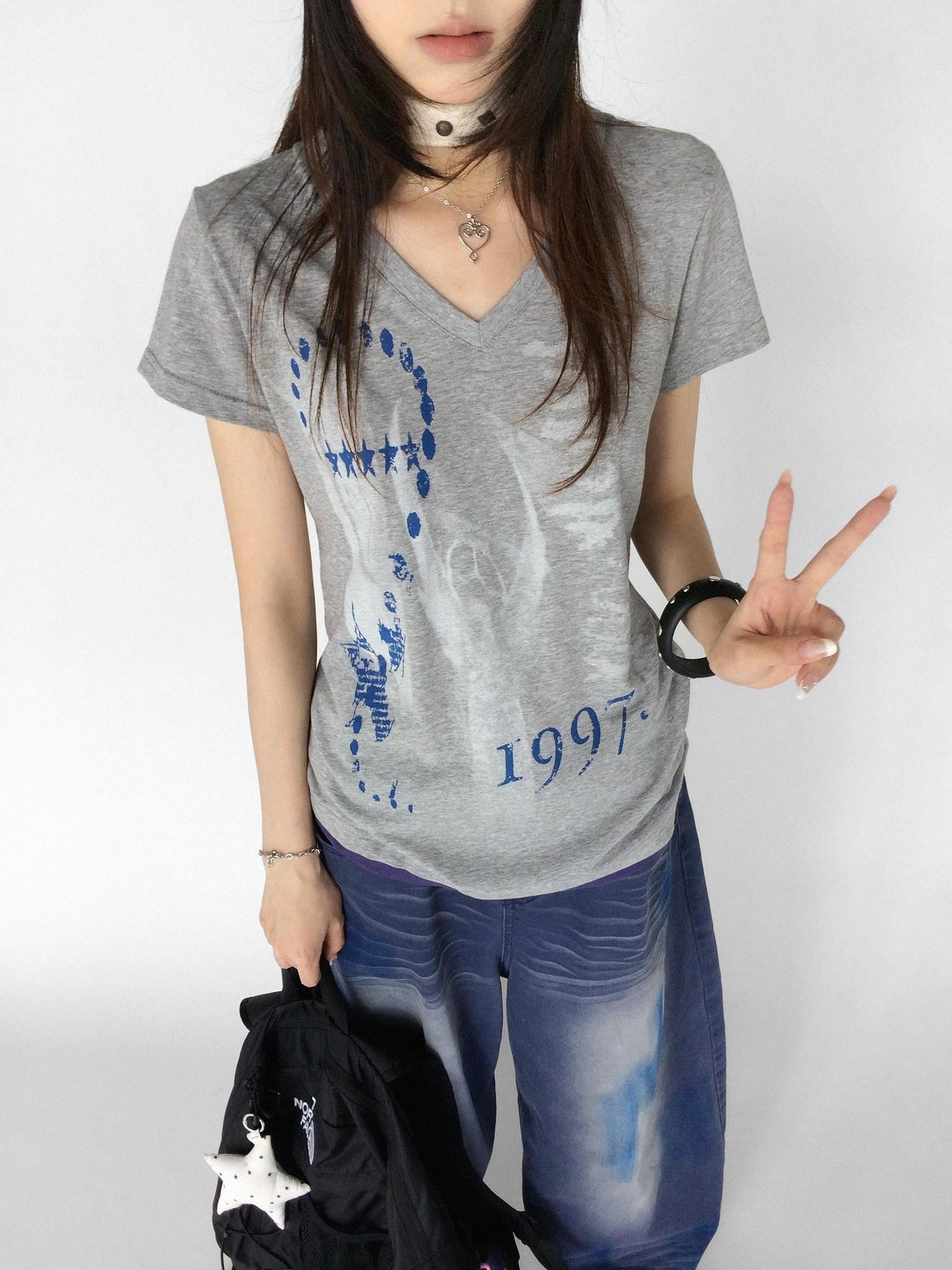 innomoood Heather Distressed Print Colorblock V-neck Women&