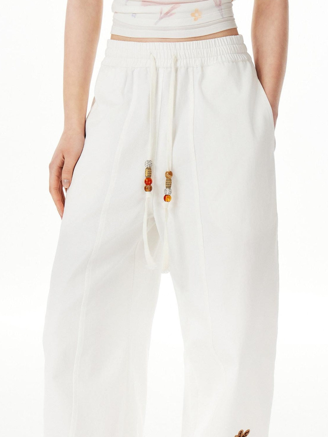 OuttheBlue Cotton Drawstring Pockets Natural Waist Workwear Long White Wide Leg Pants