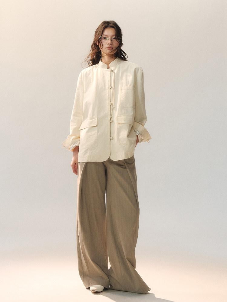 AnnoMundi 100 Percent Cotton Chinese Loose Fit Women Casual Beige Overshirts