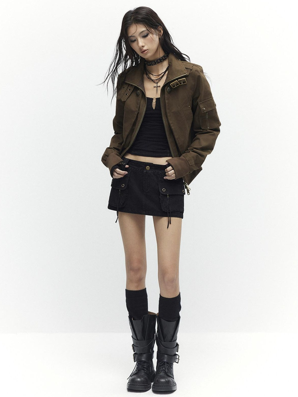 Low pixel Plush Lined Waist Cinch Dark Goth Slim Fit Women Zip High Collar Cropped Jackets
