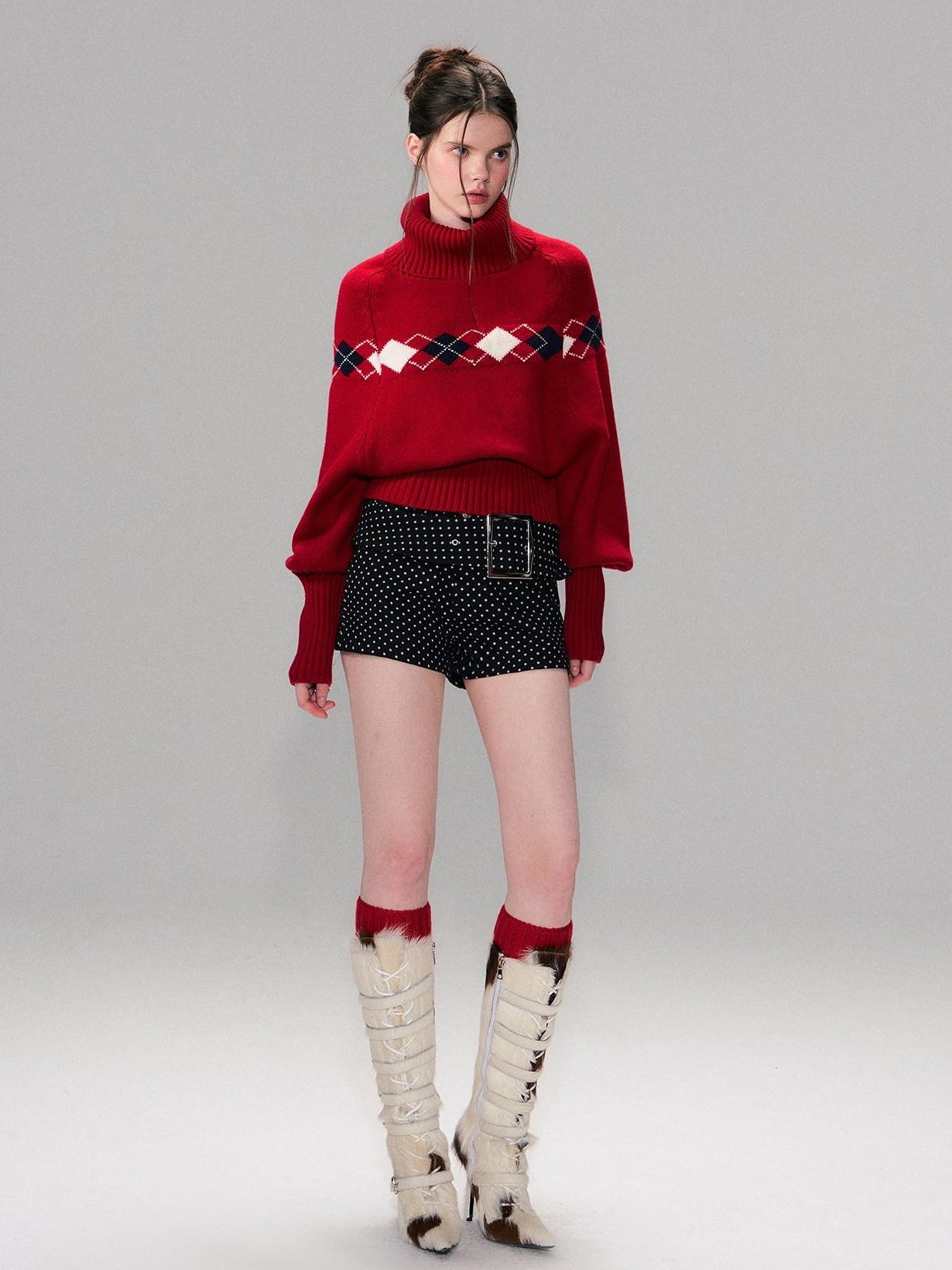 The NeverMore Warm Wool Pullover Vintage Jacquard Cape Batwing Women High Neck Red Sweaters