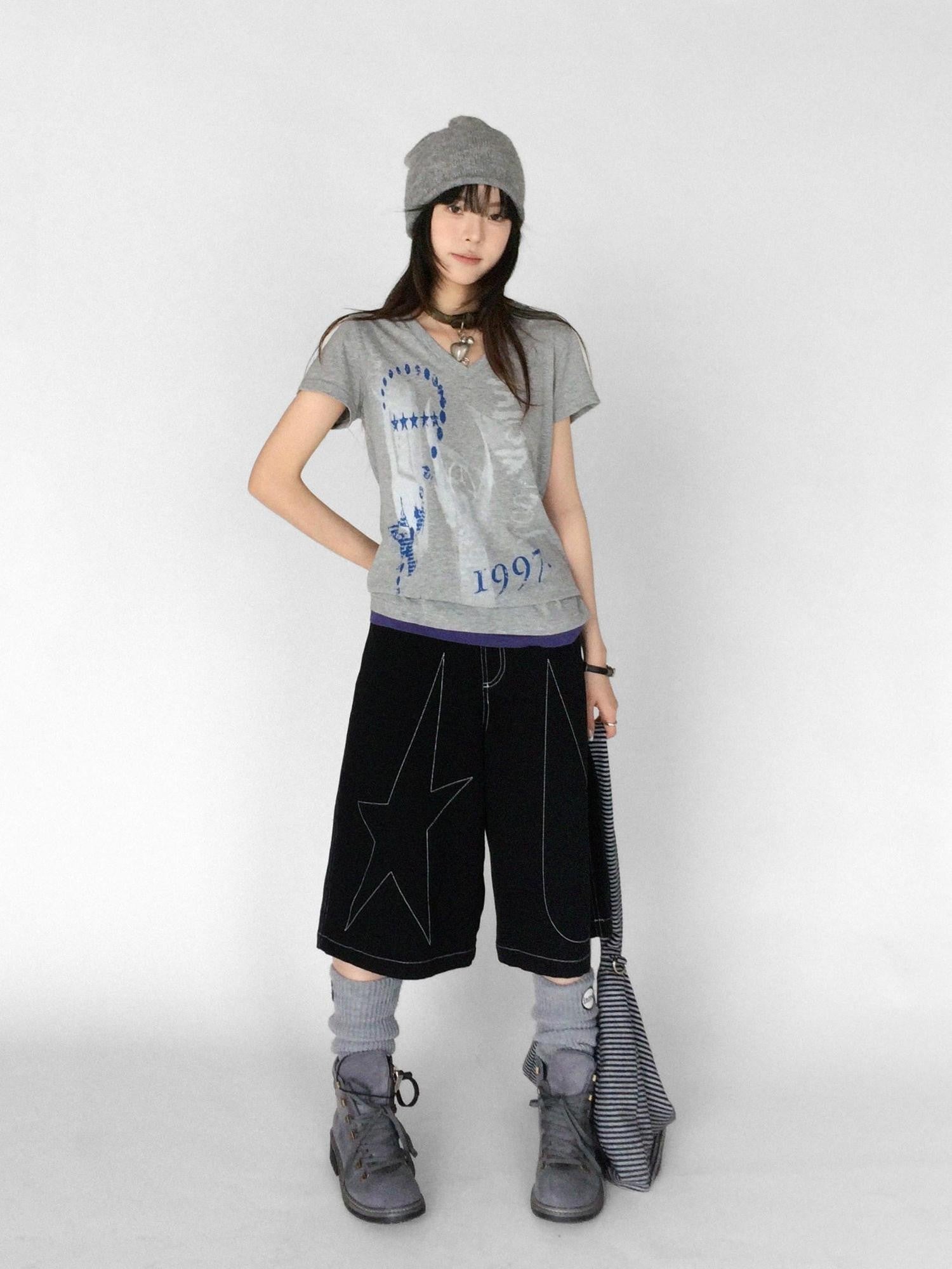 innomoood Heather Distressed Print Colorblock V-neck Women&