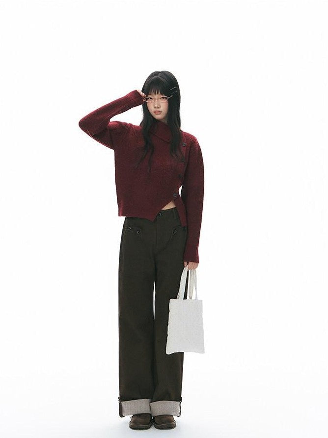 NAPSNAPS Rust Red Asymmetrical Placket Knit Mock Neck Women&
