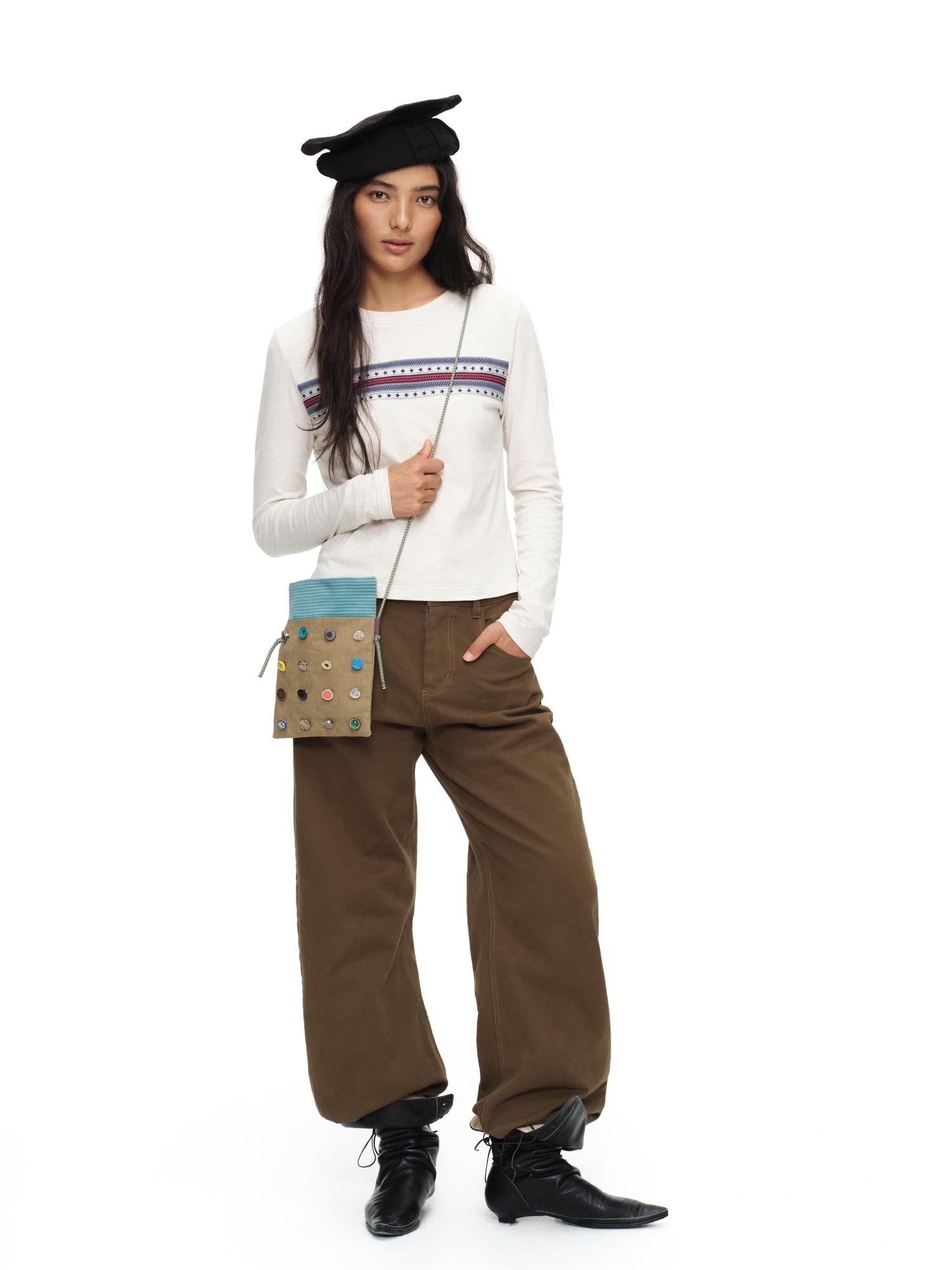 oinimi Khaki Stripe Button Badge Studded Square Women&