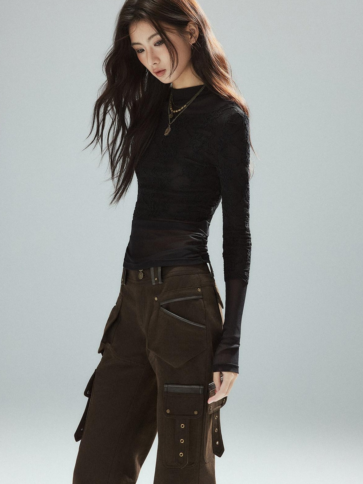 Low pixel Thin Street Slim Fit Faux Two Piece Crew Neck Women Nylon Long Sleeve T-Shirts