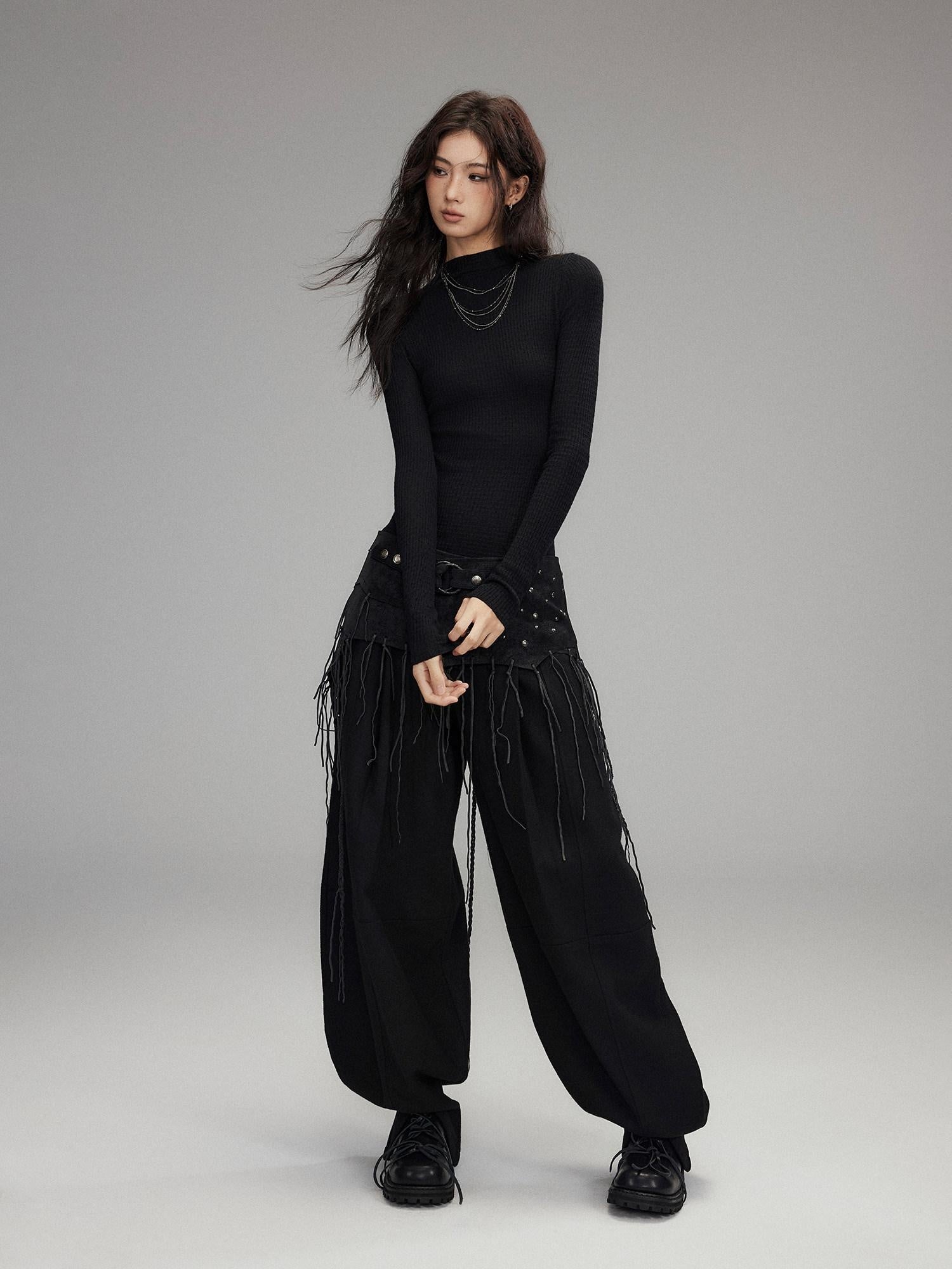 Low pixel Low Rise Wool Blend Micro Stretch Casual Zip Fly Women Black Wide Leg Pants